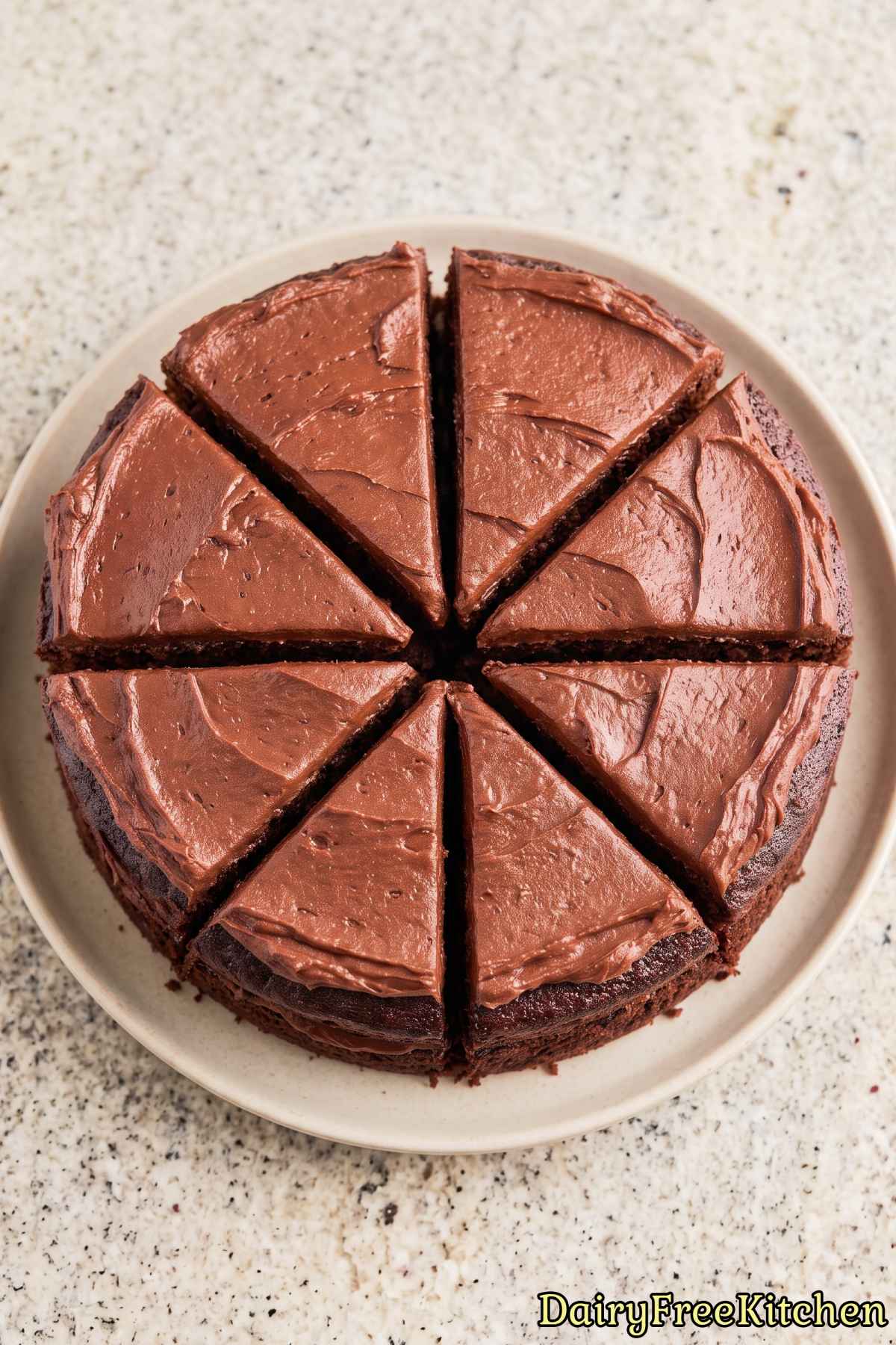 Fresh dairy free chocolate fudge layer cake