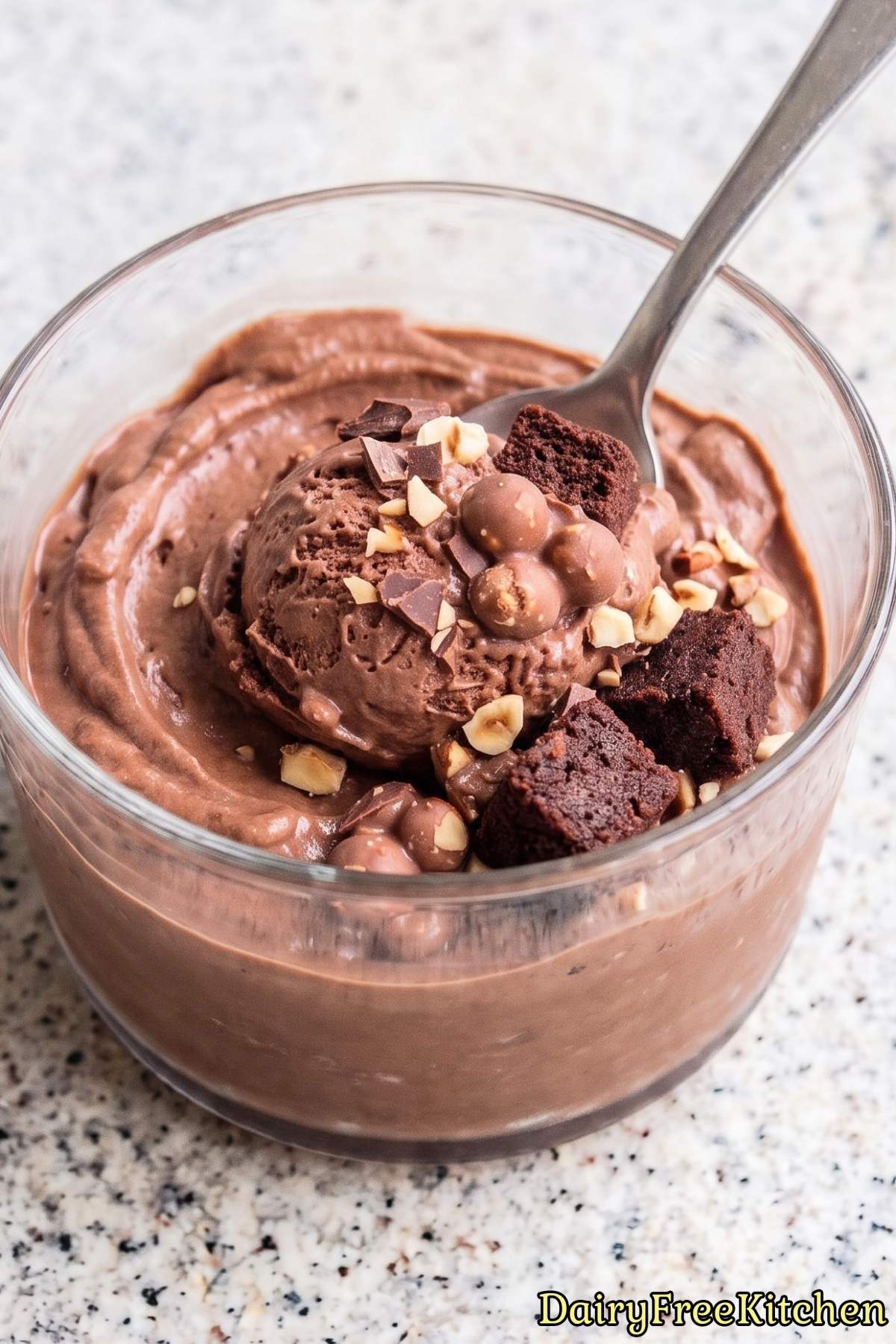 Scoop of chocolate hazelnut brownie ice cream