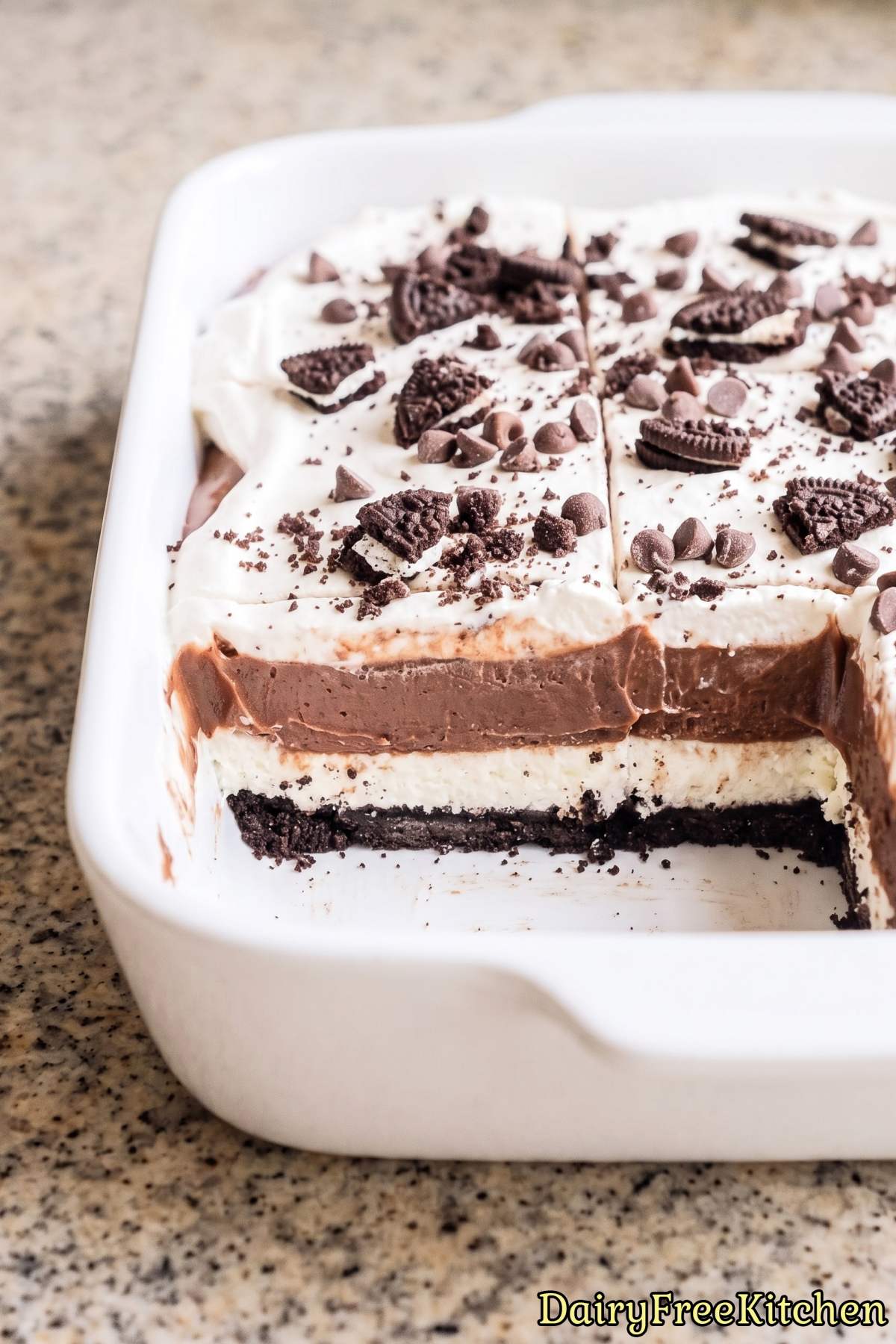 Slice of homemade dairy free chocolate lasagna