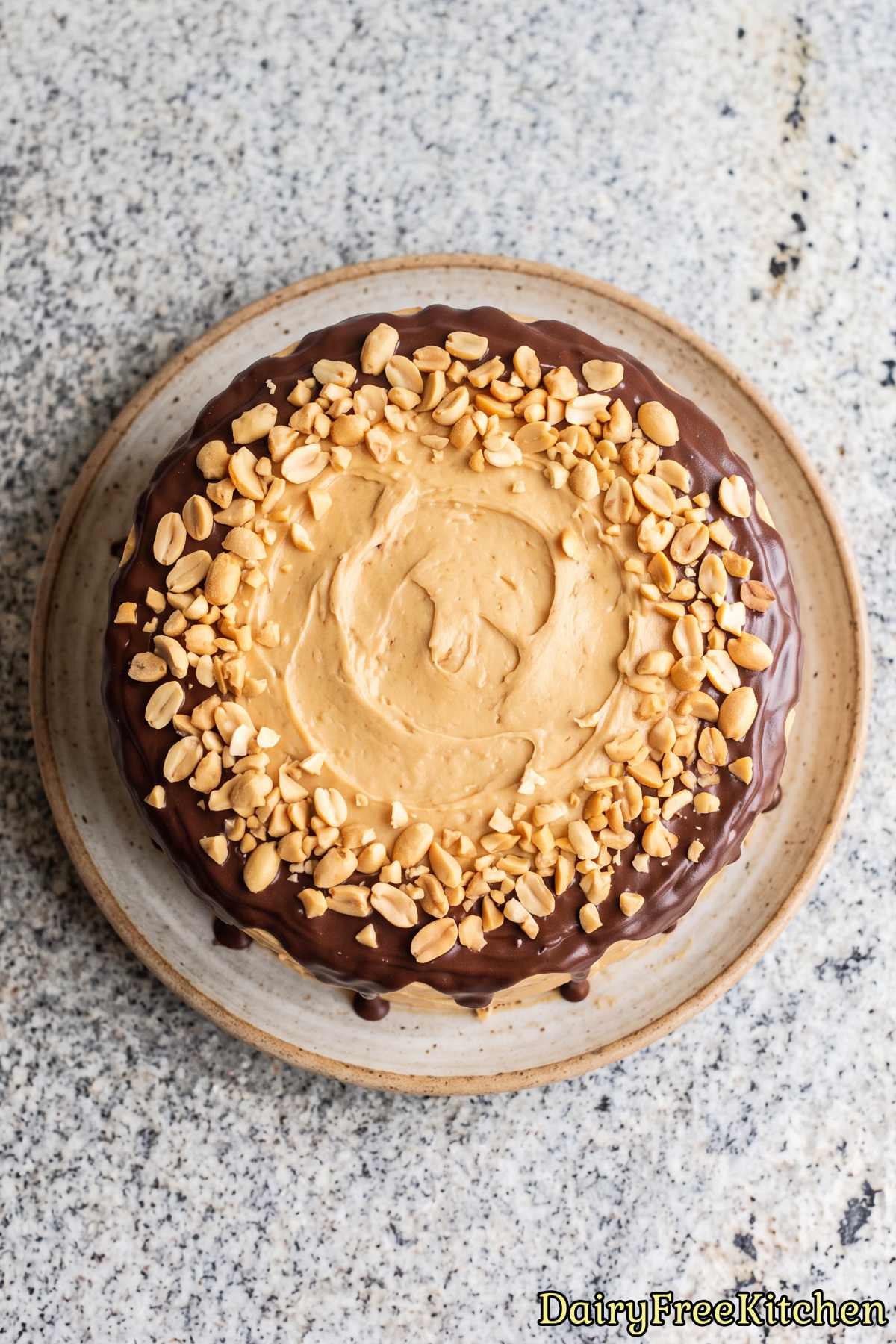 Slice of dairy free chocolate peanut butter cake