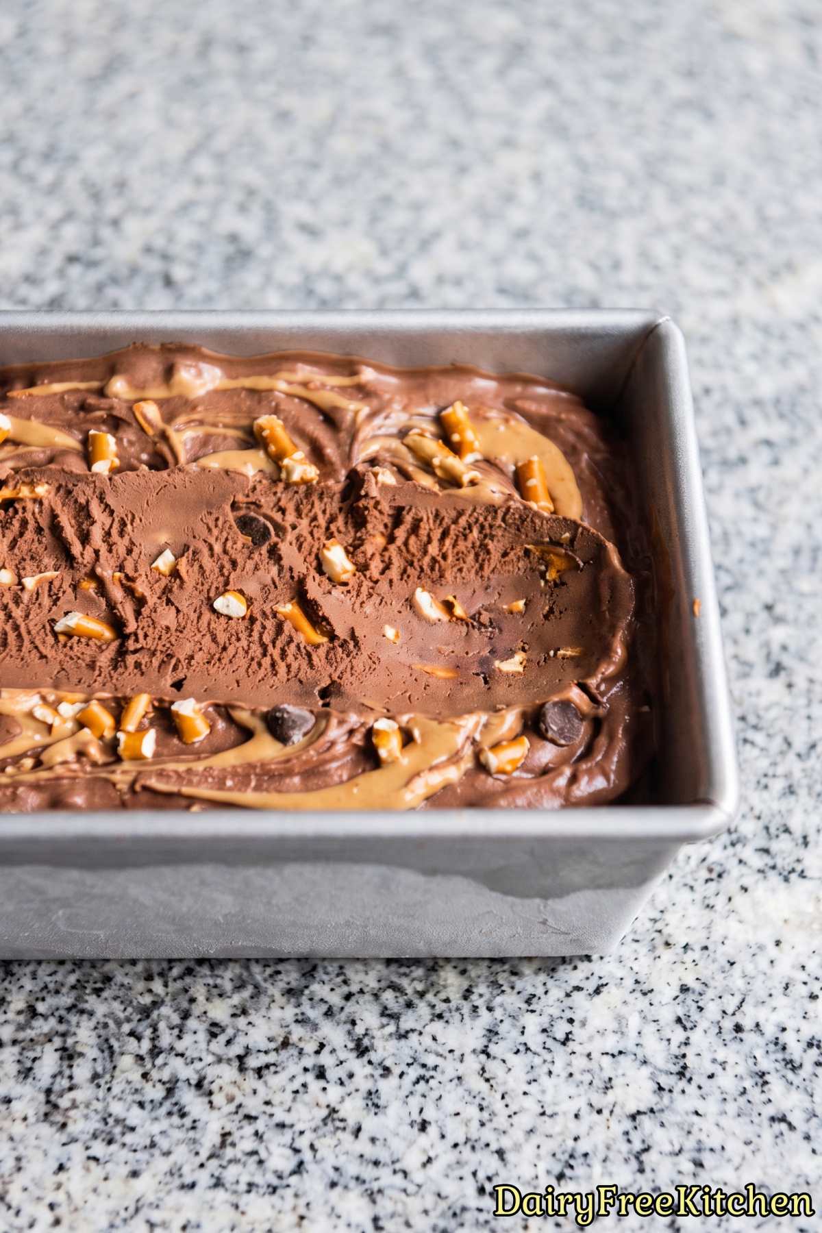 Dairy free chocolate ice cream with pretzels