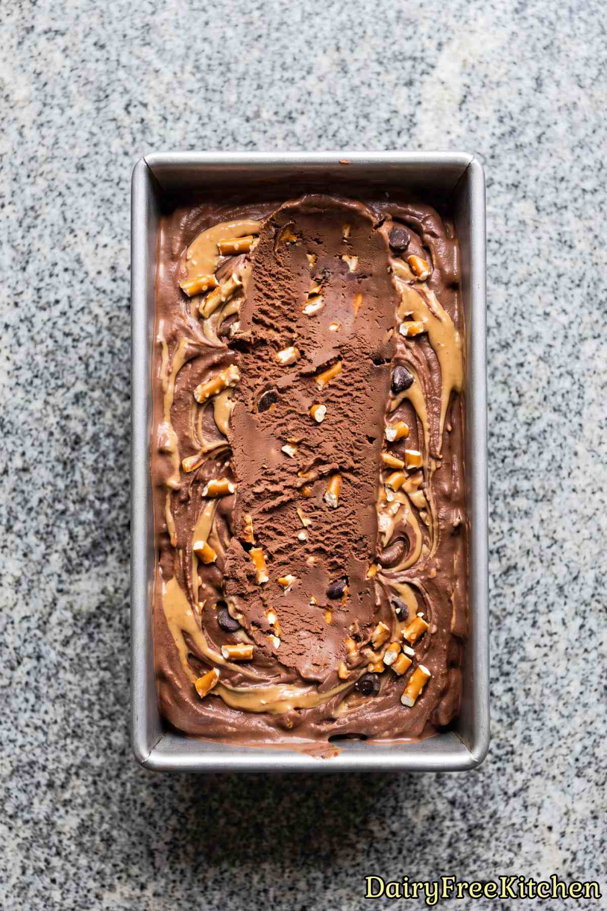 Scoop of vegan chocolate pretzel ice cream