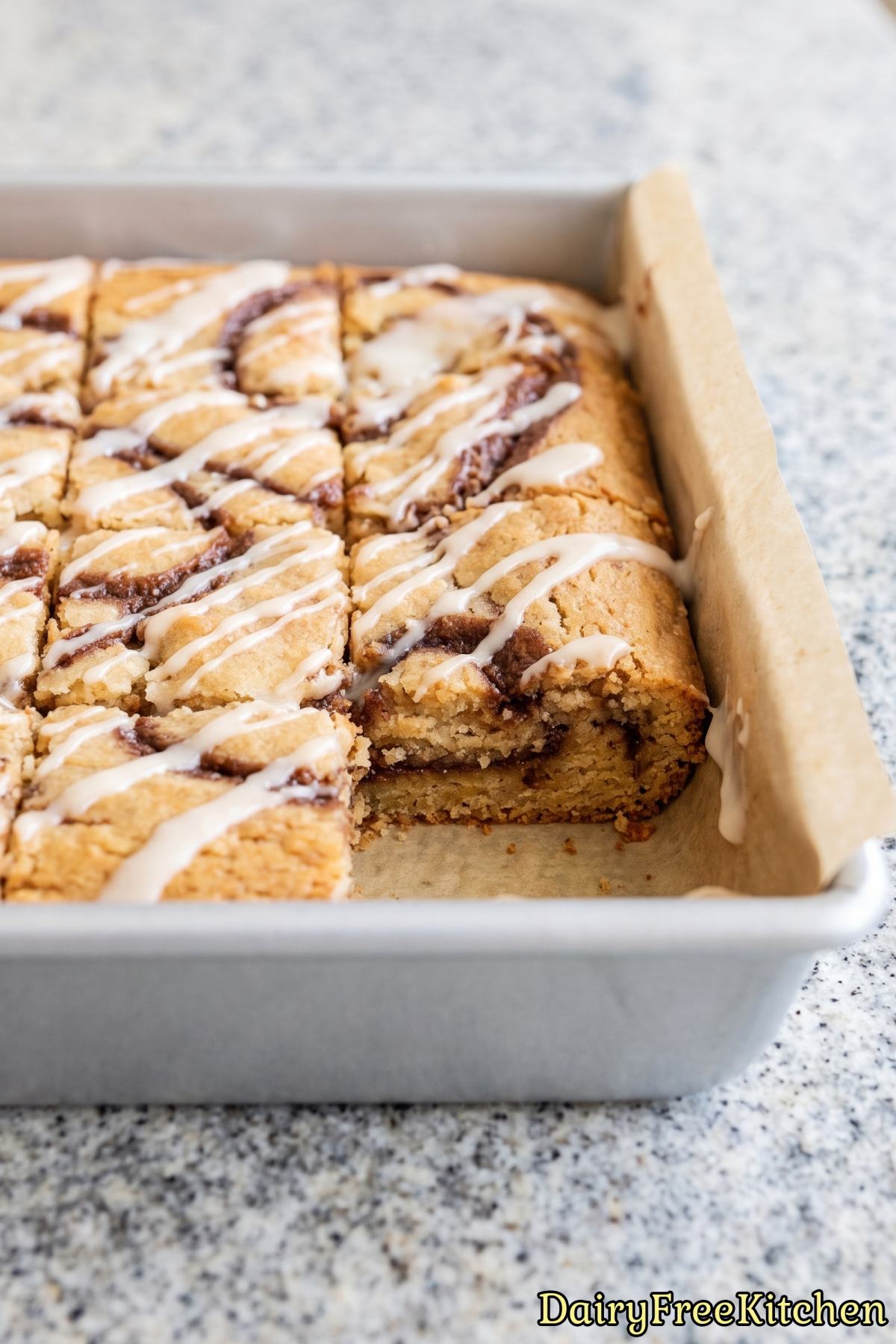 Dairy free cinnamon roll blondies on a plate