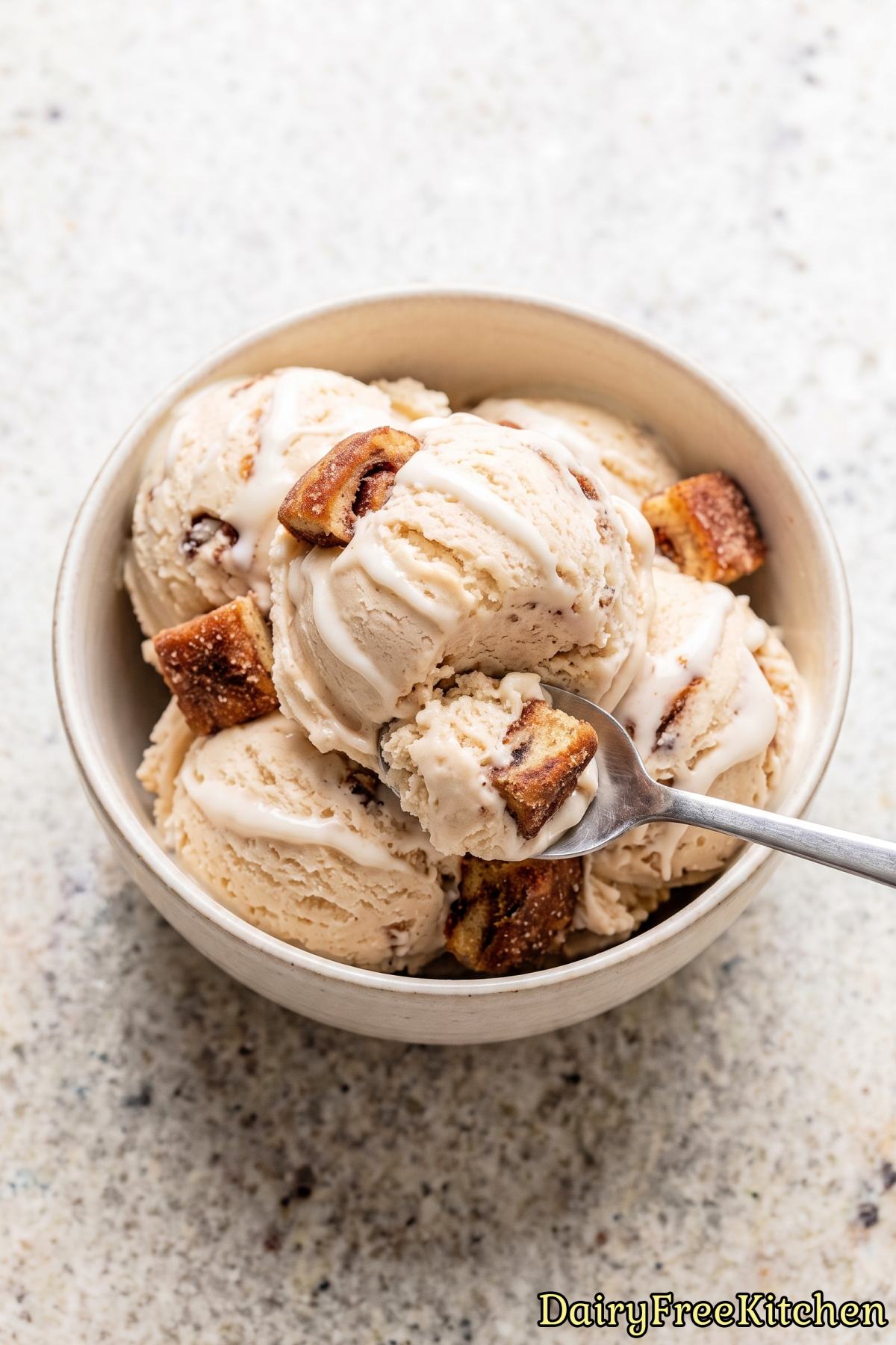 Dairy-free cinnamon swirl ice cream in a bowl
