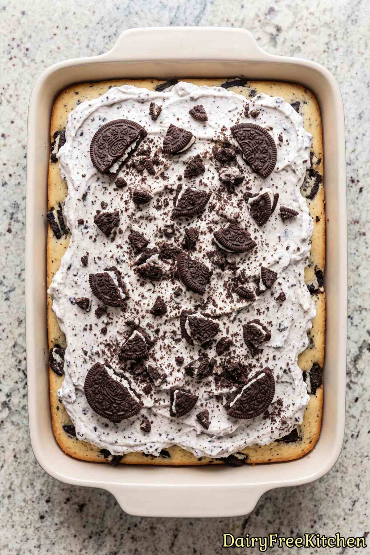 Soft dairy free cookies & cream poke cake