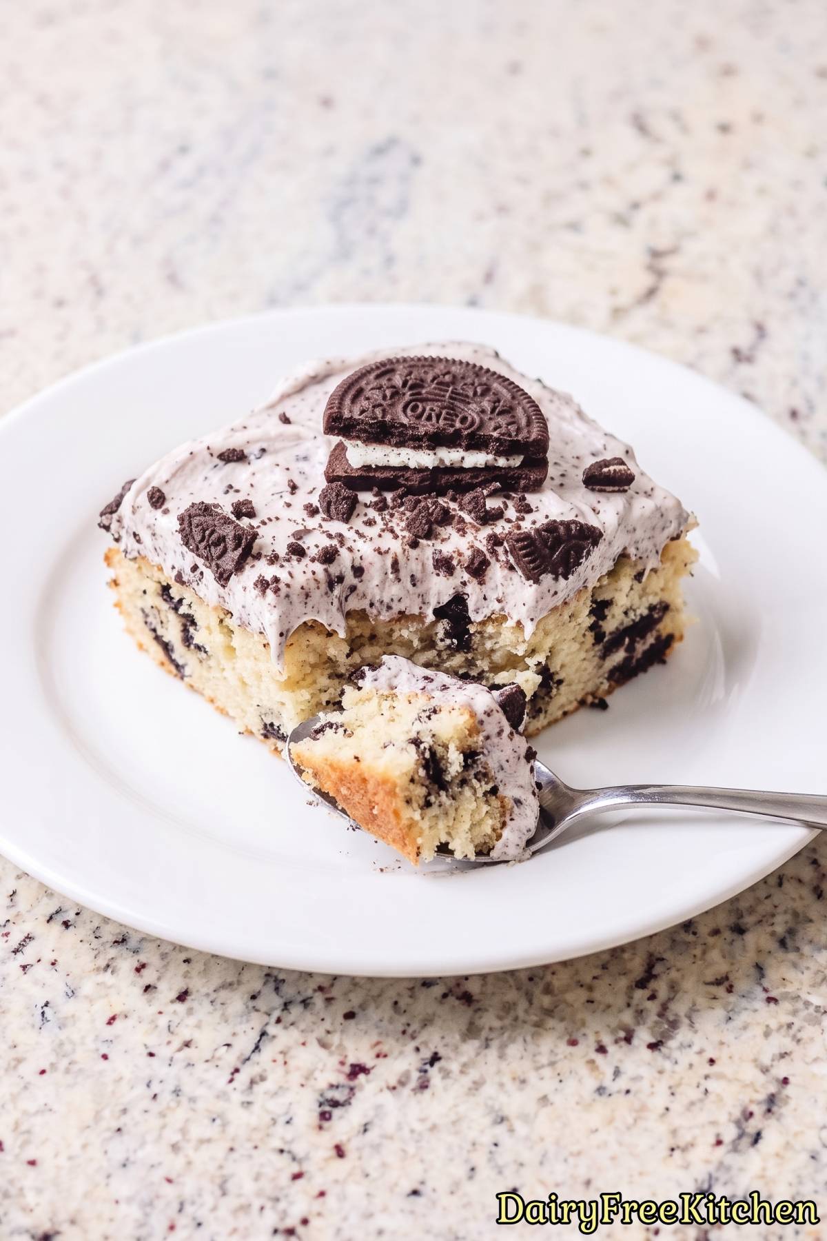 Homemade dairy free poke cake with cookies