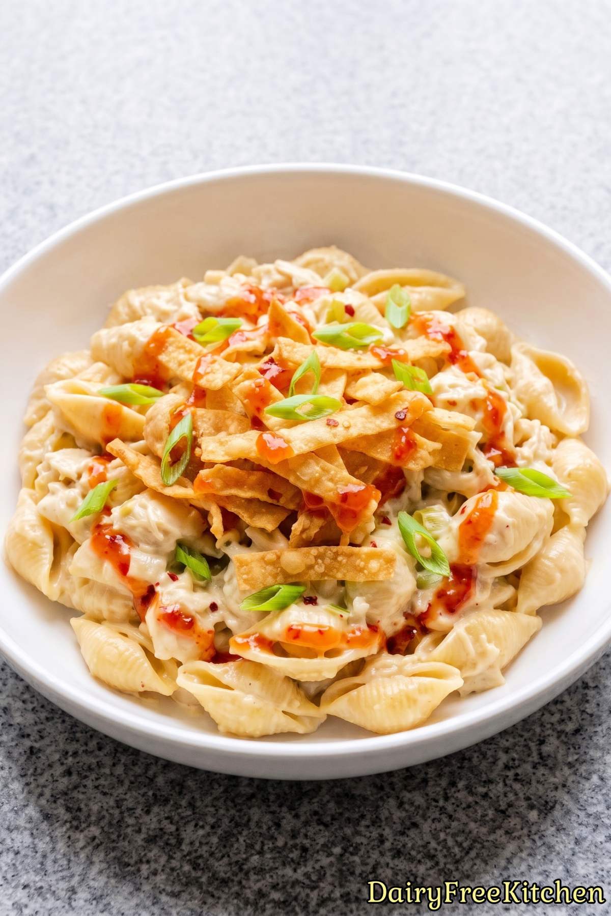 Fresh plate of dairy free crab rangoon pasta