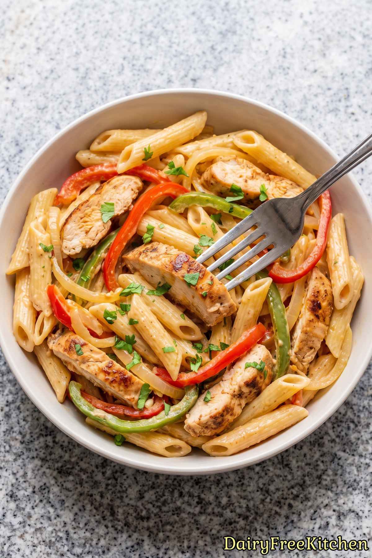 Zesty dairy free chicken fajita pasta dish