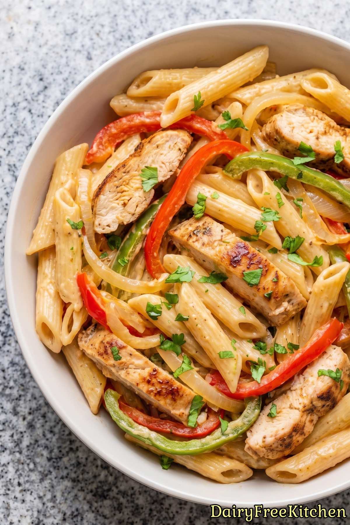Warm creamy dairy free chicken fajita pasta