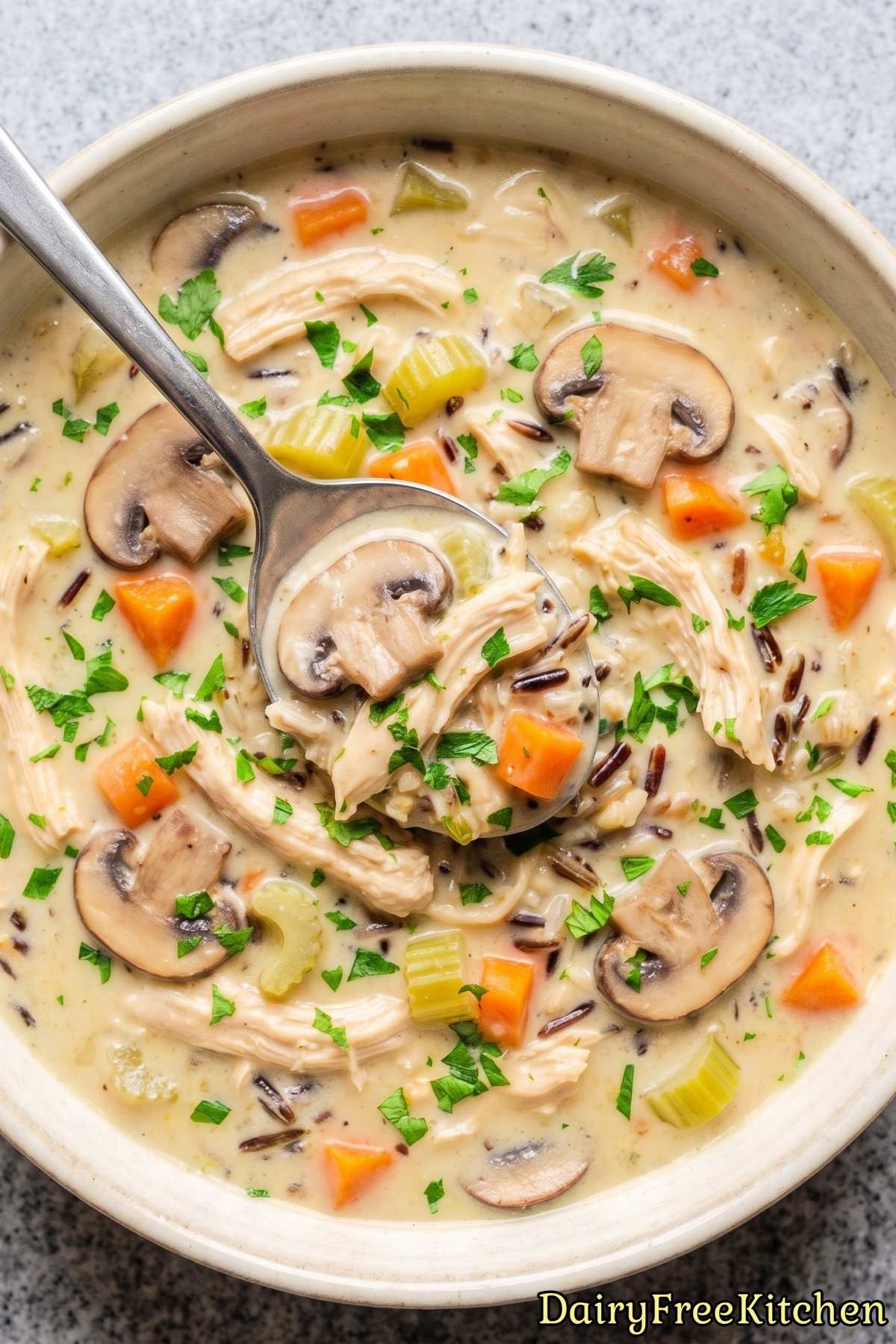 Cozy dairy free chicken and wild rice soup