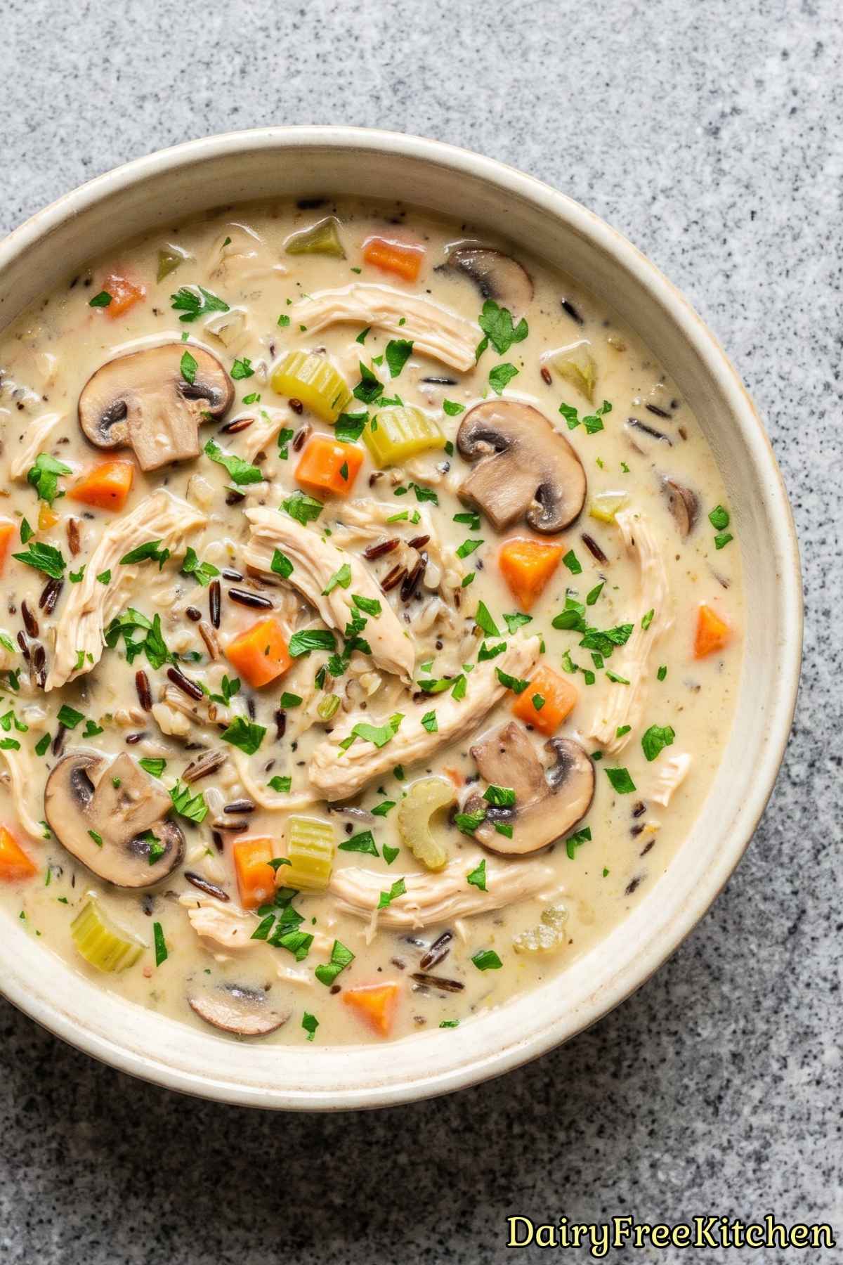 Rich dairy free chicken wild rice soup