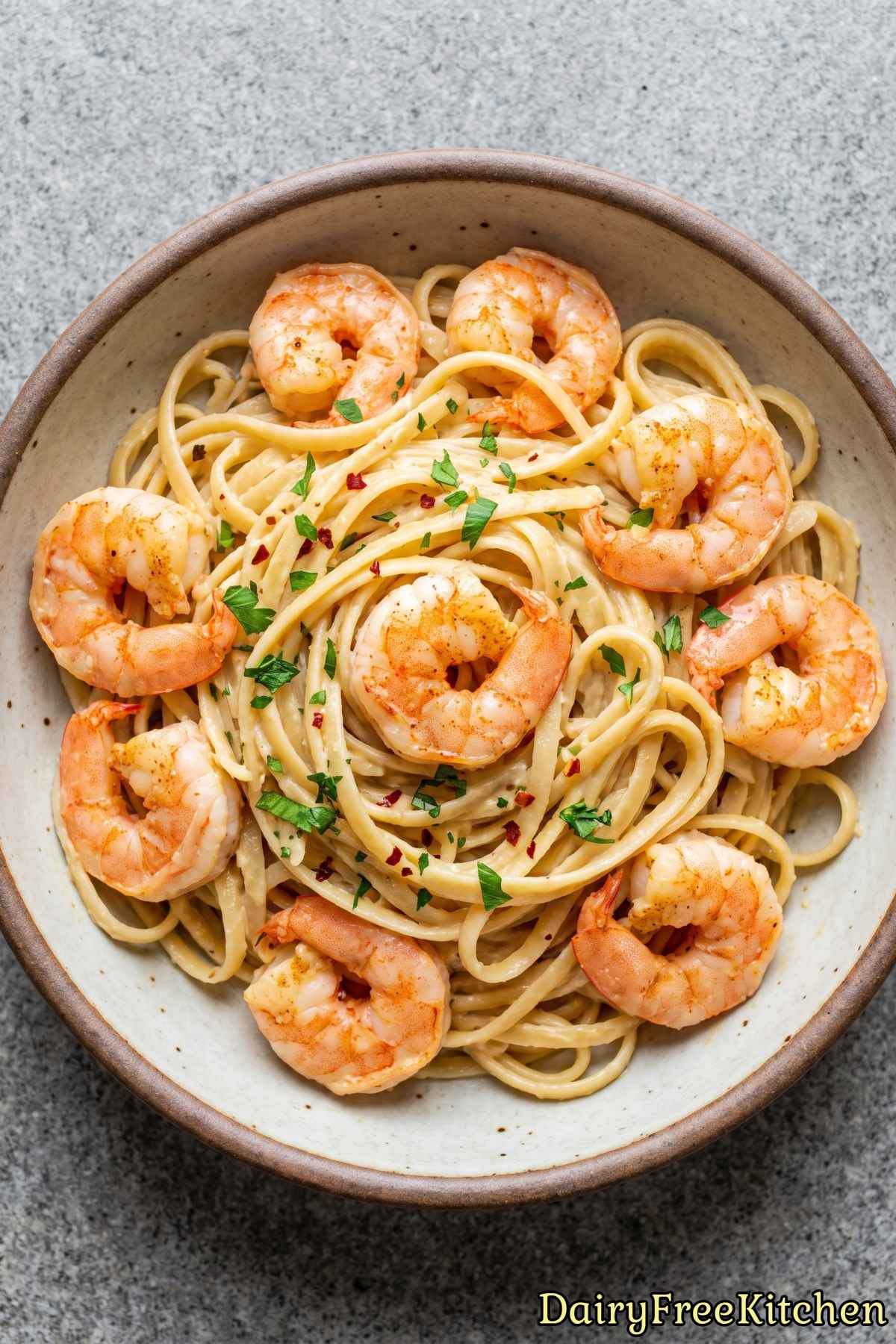 Warm bowl of dairy free shrimp pasta