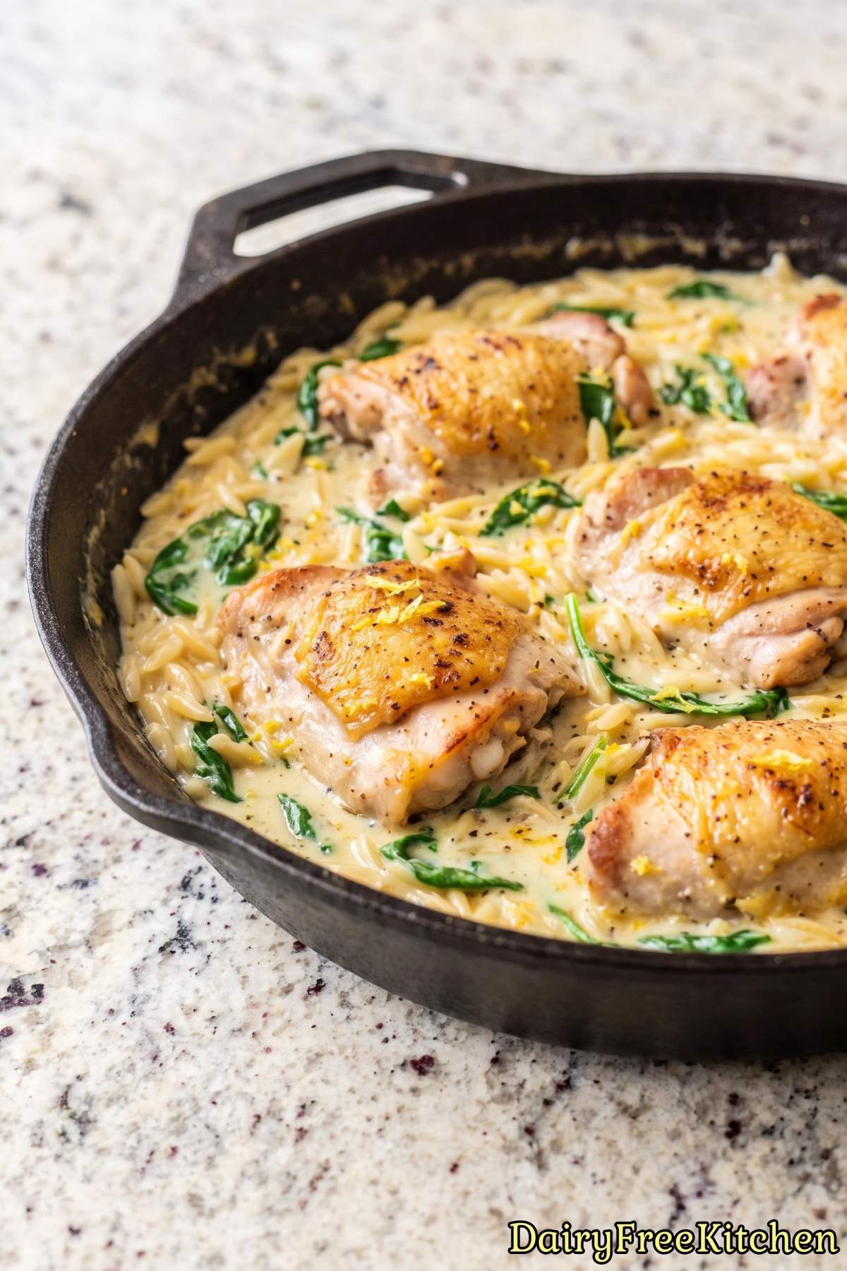 Creamy dairy free lemon chicken orzo