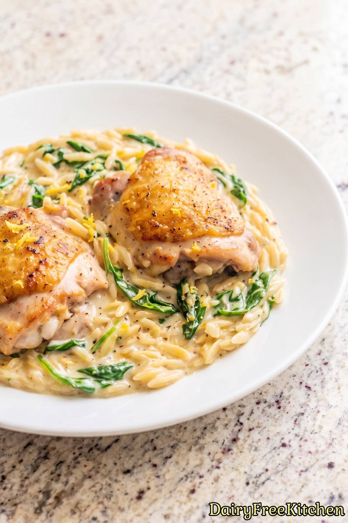 Fresh and zesty dairy free chicken orzo