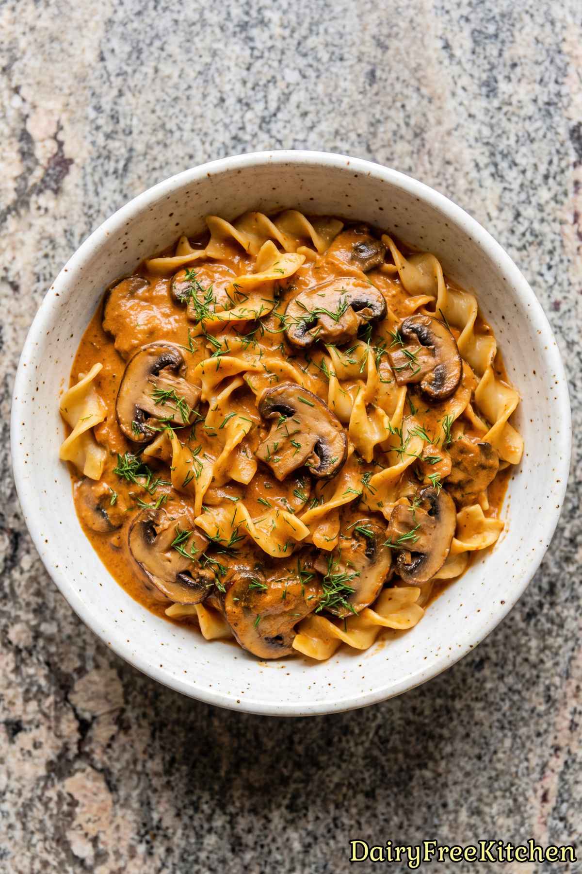 Fresh dairy free mushroom stroganoff over pasta