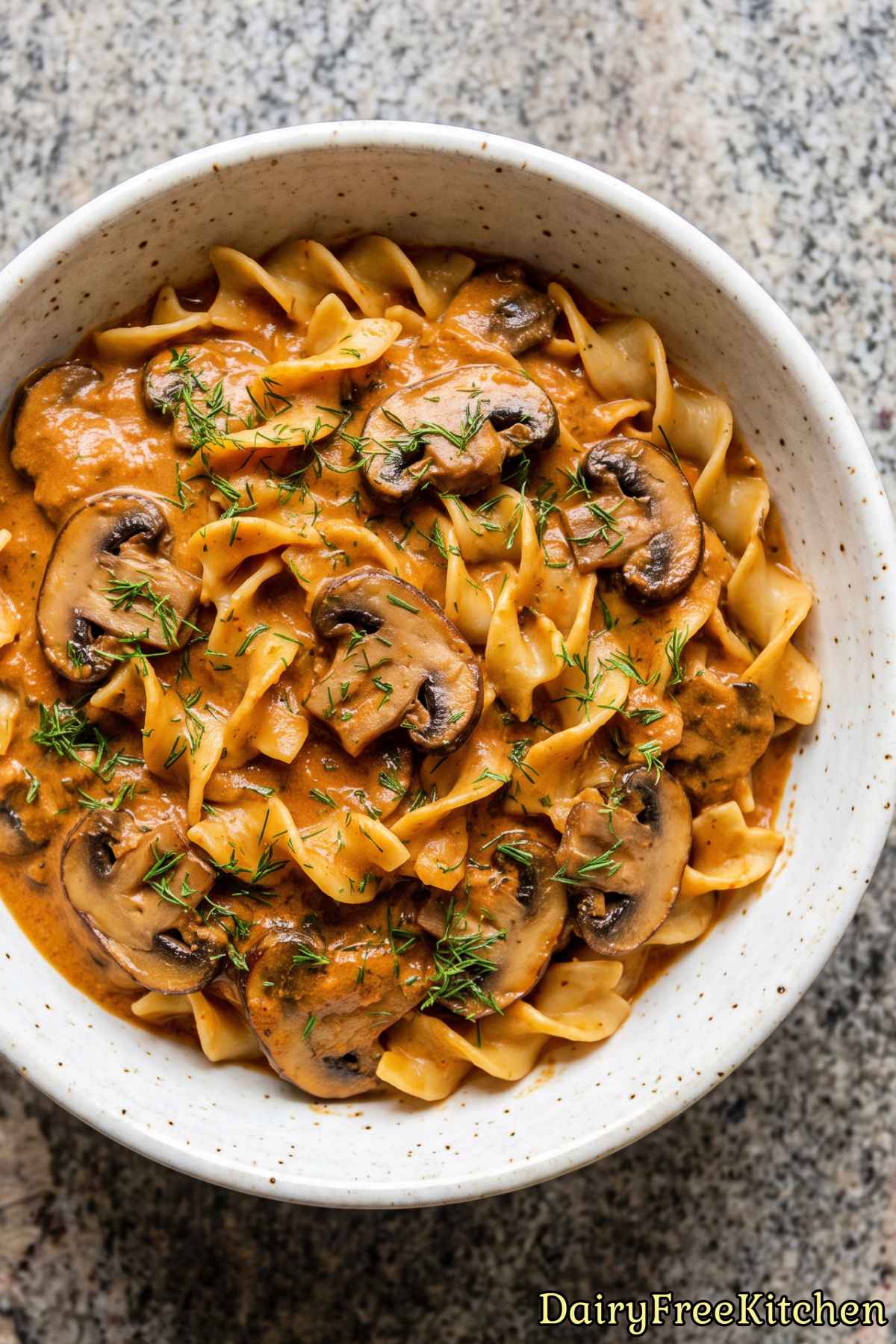 A bowl of simple dairy free mushroom stroganoff