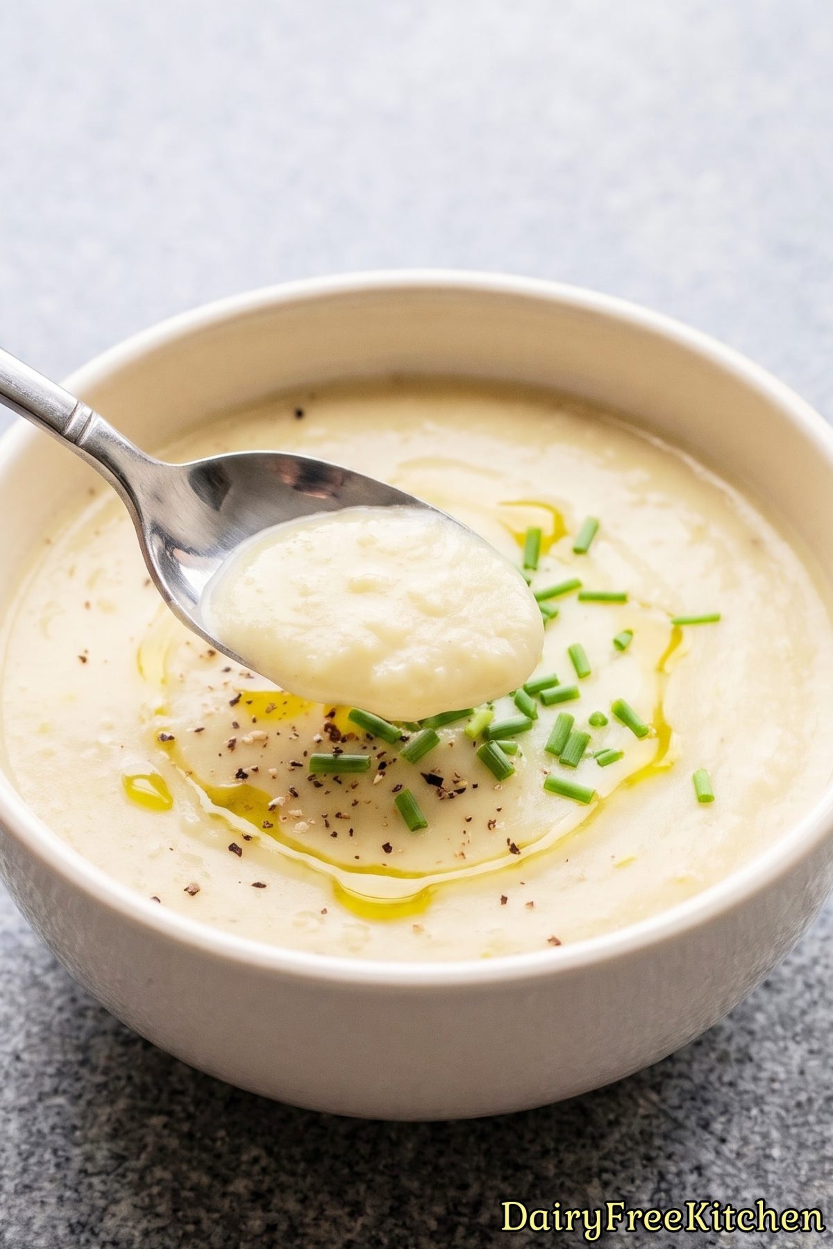 Warm bowl of dairy free potato soup