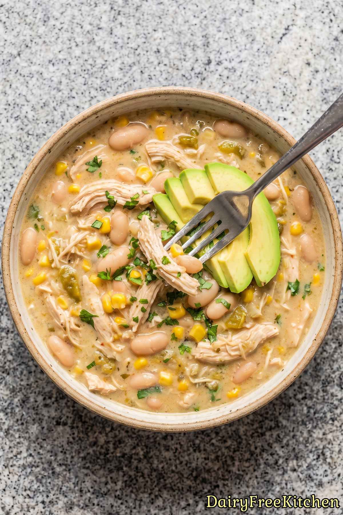Comforting bowl of dairy free chicken chili