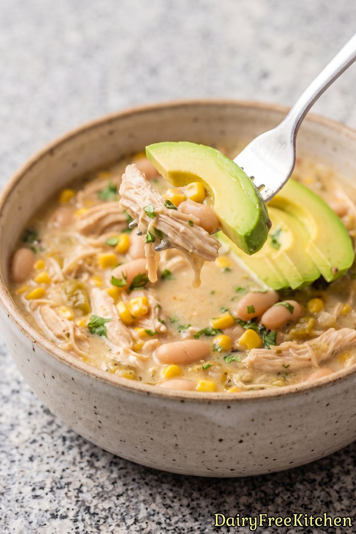 Creamy dairy free white chicken chili in a bowl