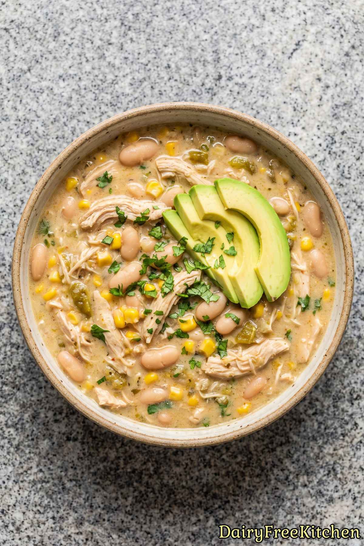 Simple dairy free white chicken chili bowl