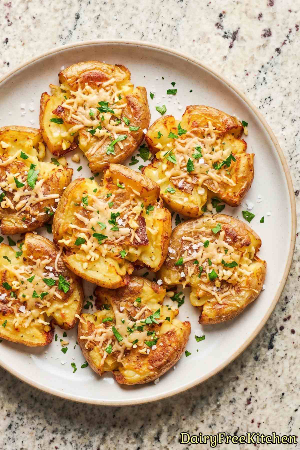 Tender dairy free parmesan smashed potatoes