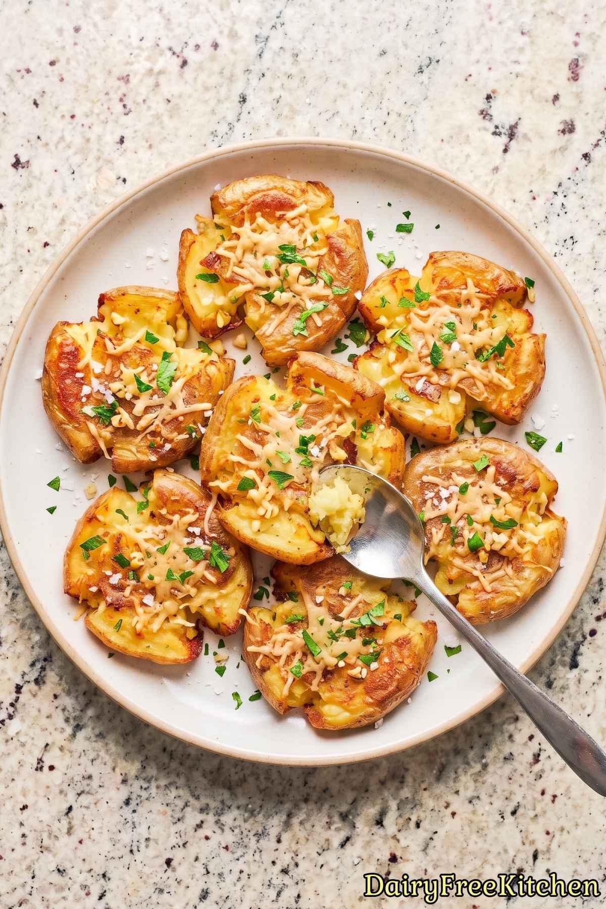 Warm, crispy dairy free parmesan potatoes