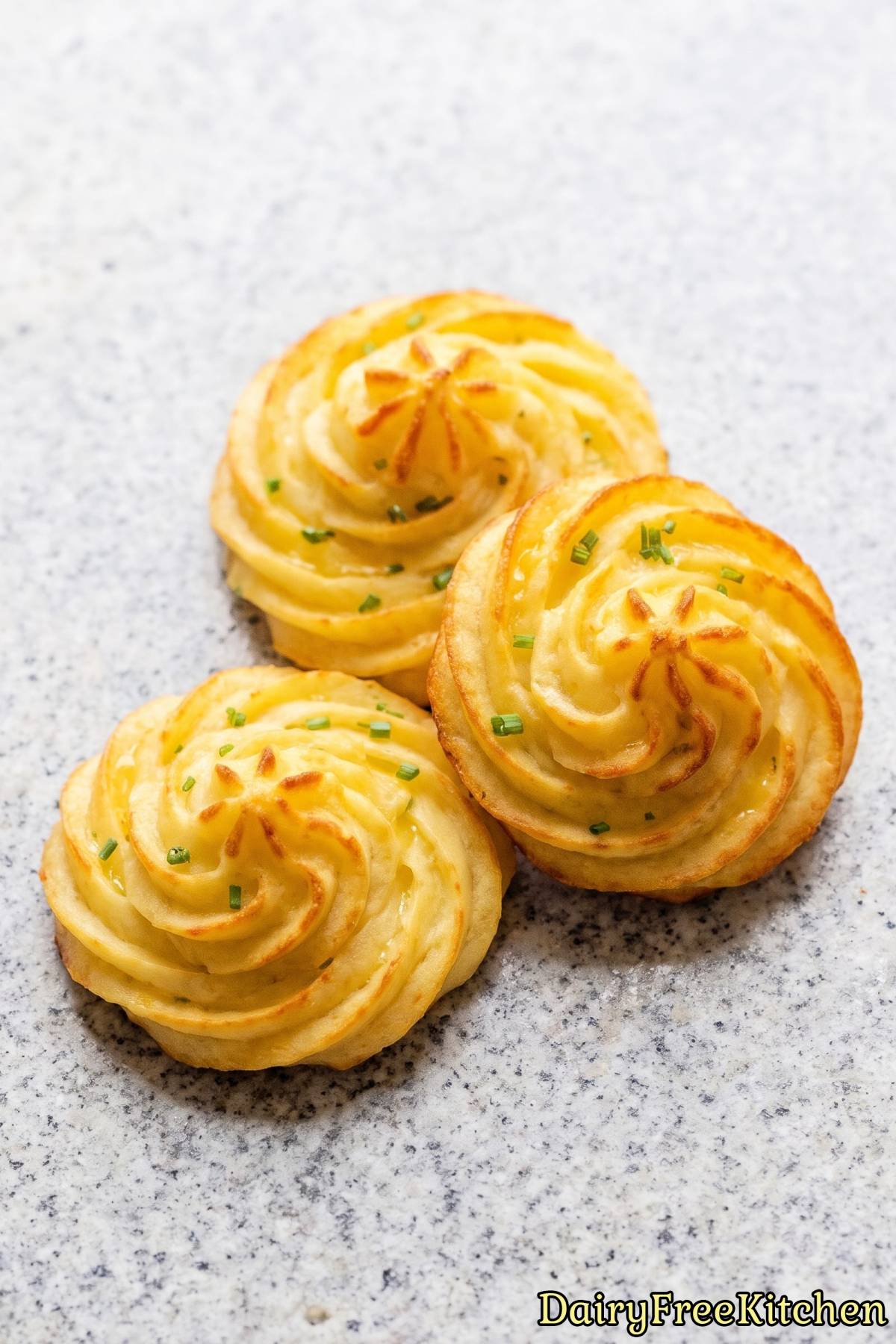 Baked dairy free duchess potato swirls