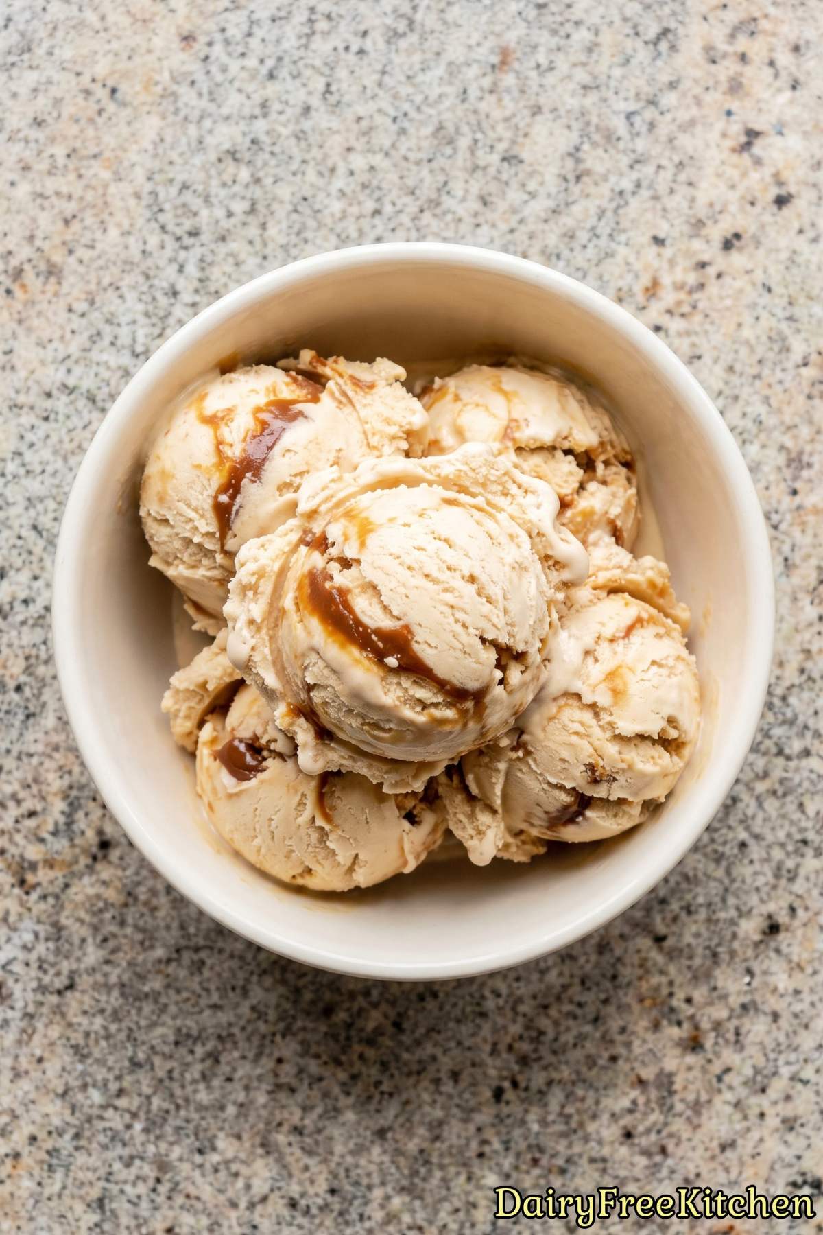 Plant based dulce de leche ice cream serving