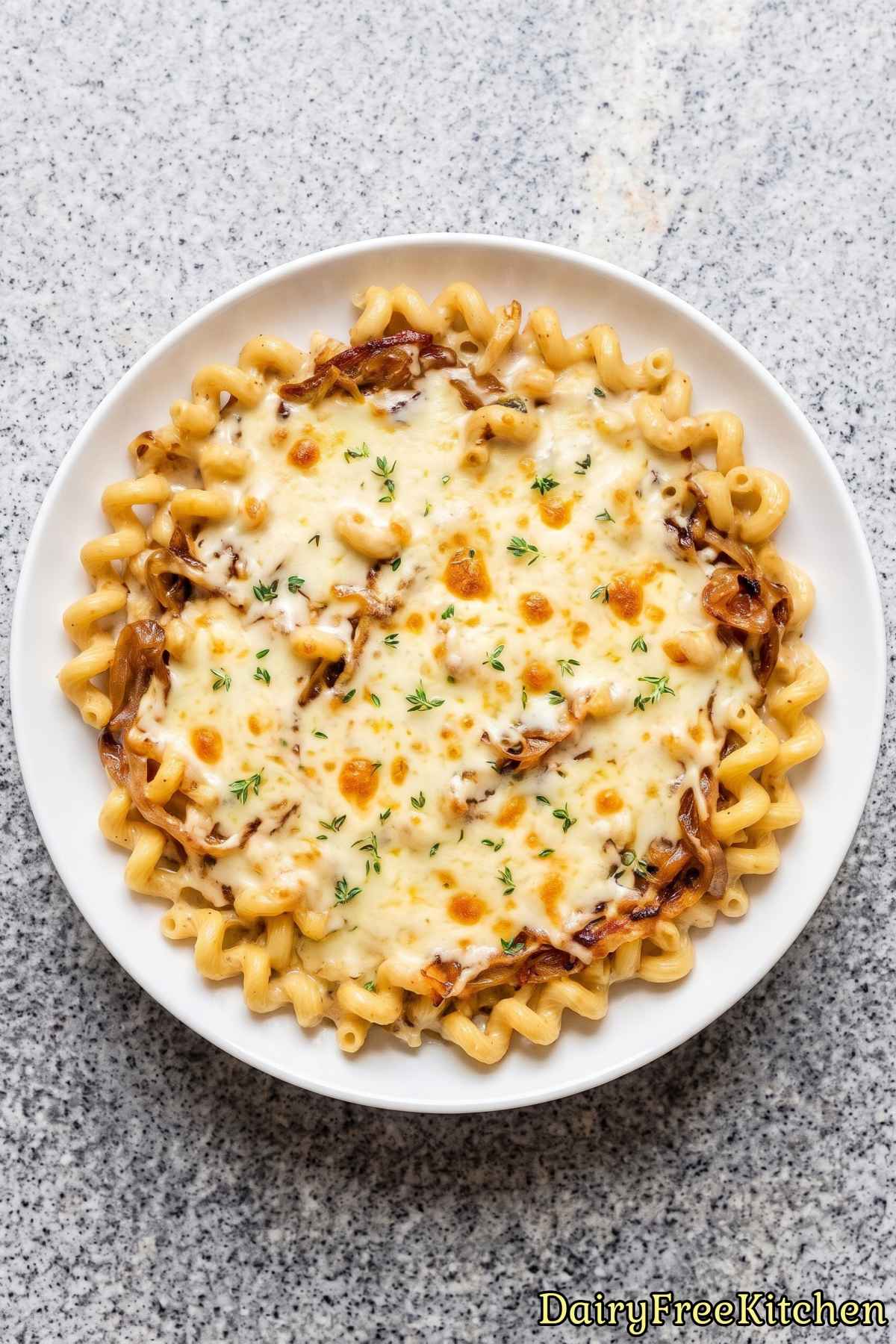 Dairy free French onion pasta in a bowl