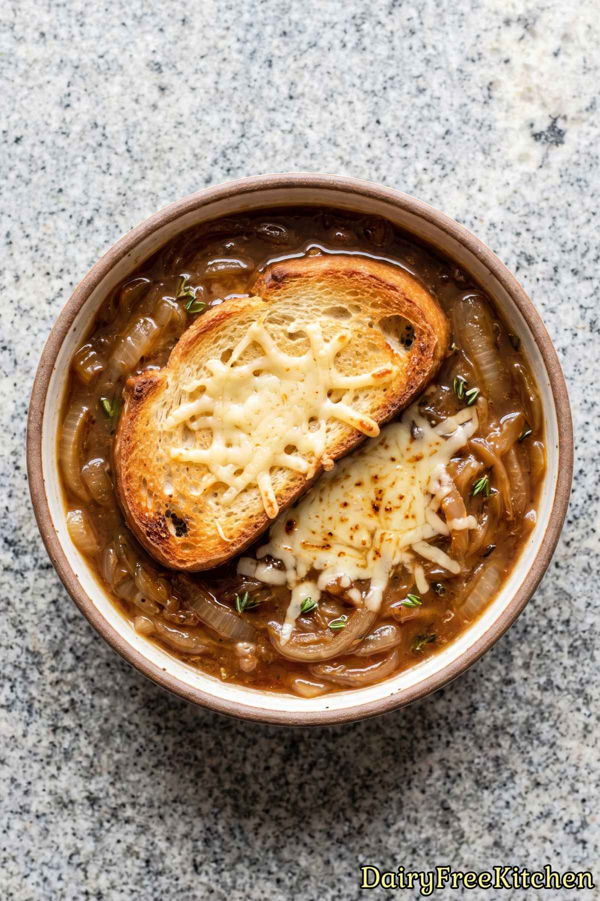 Delicious rustic dairy free french onion soup