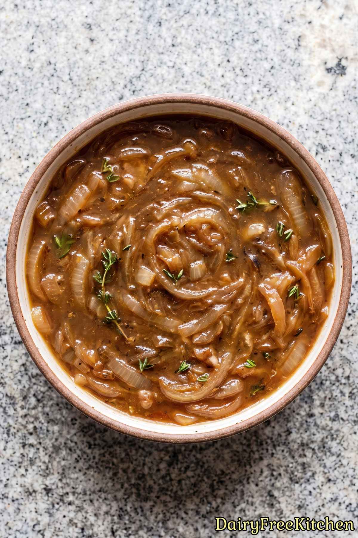 Fresh bowl of dairy free french onion soup