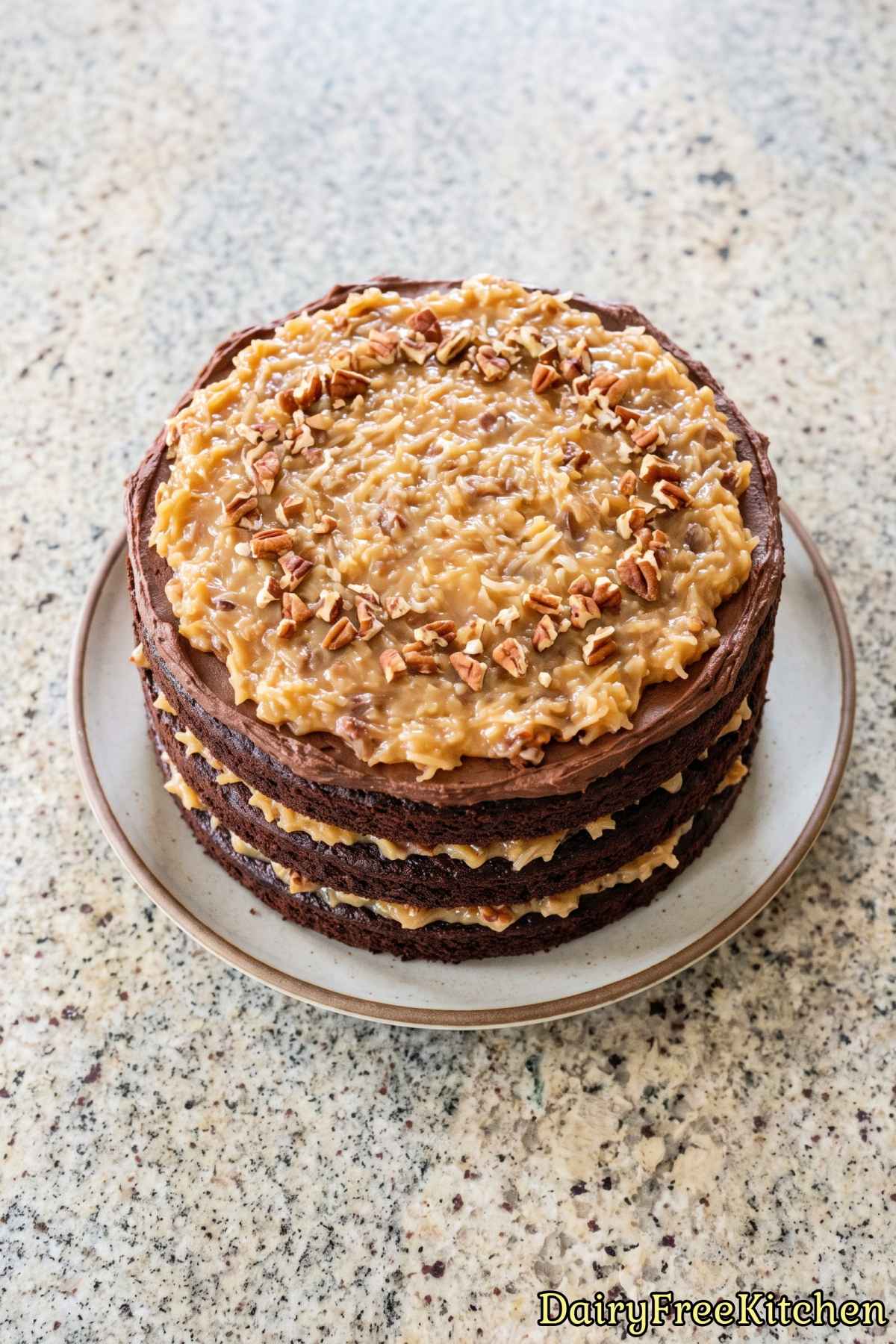 Delicious dairy free German chocolate cake