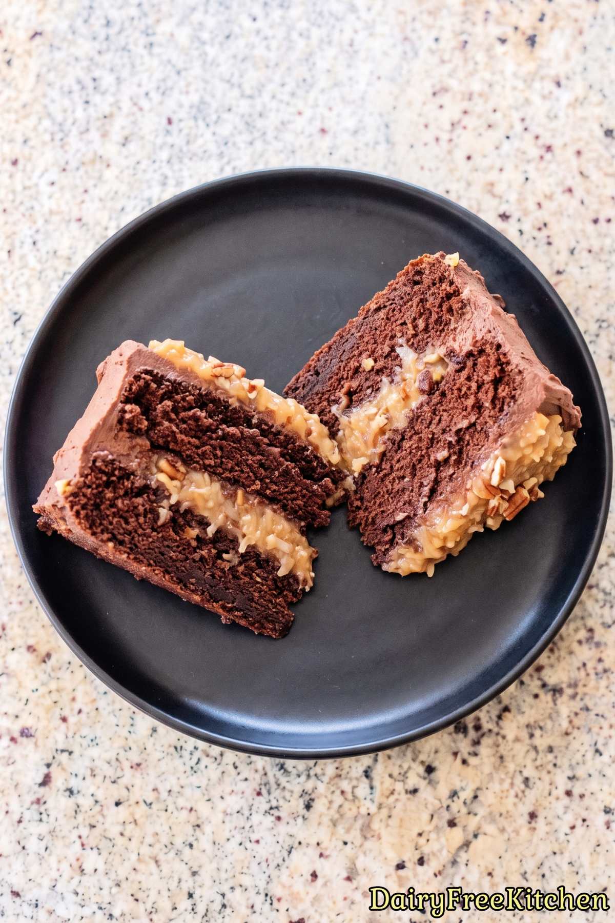 Creamy topped dairy free German chocolate cake