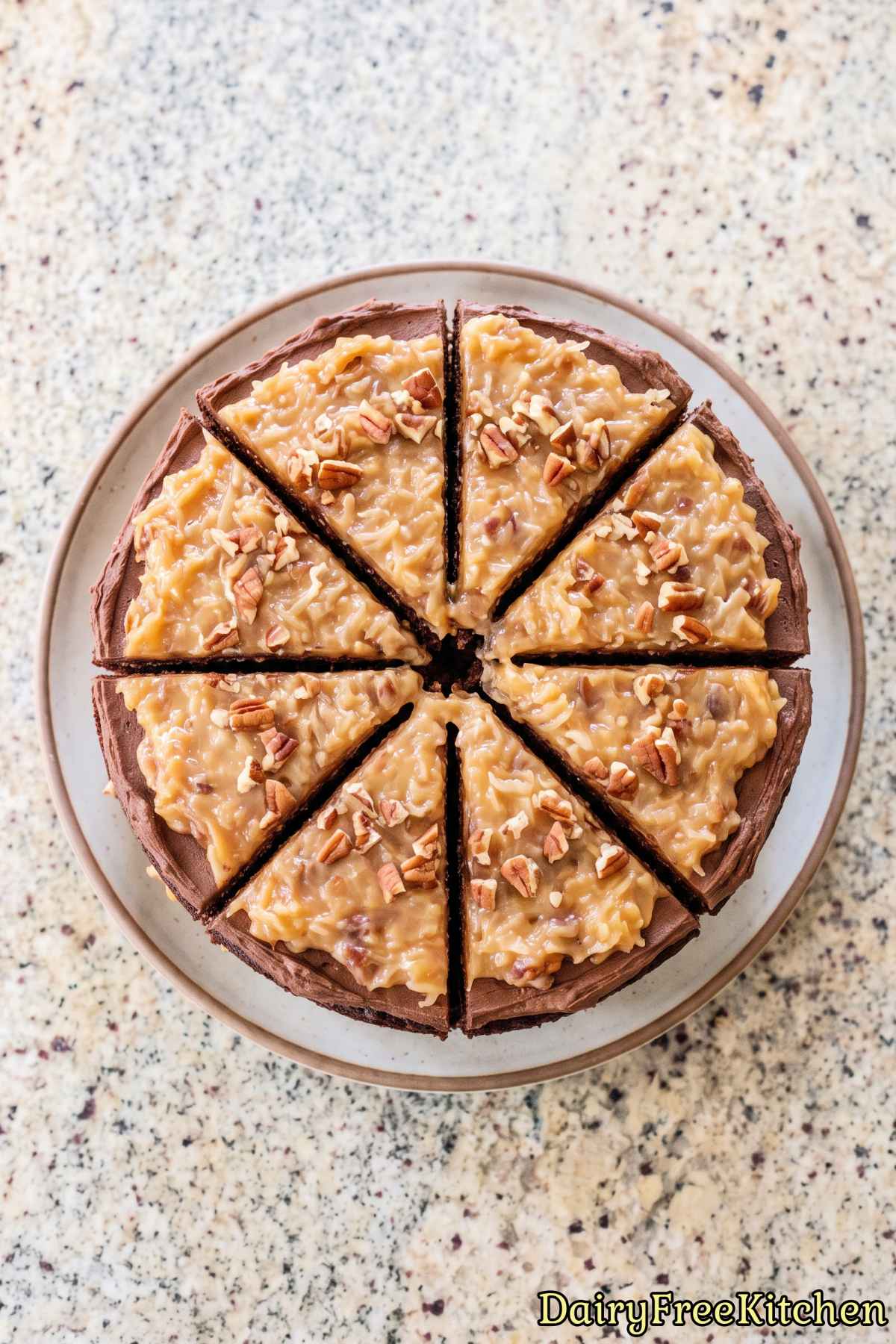 Moist dairy free German chocolate cake slice