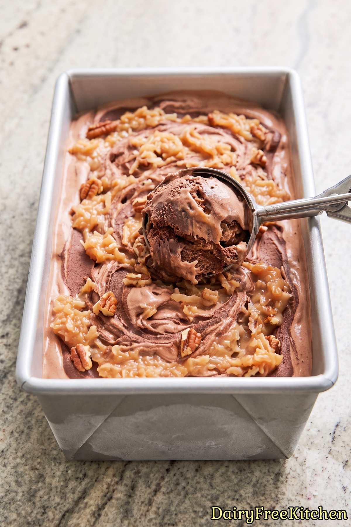 Scoop of German chocolate dairy free ice cream