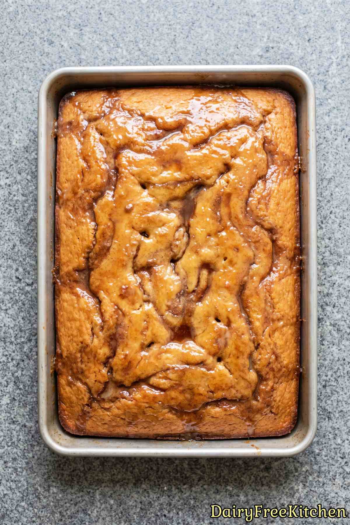 Slice of dairy free honey bun cake