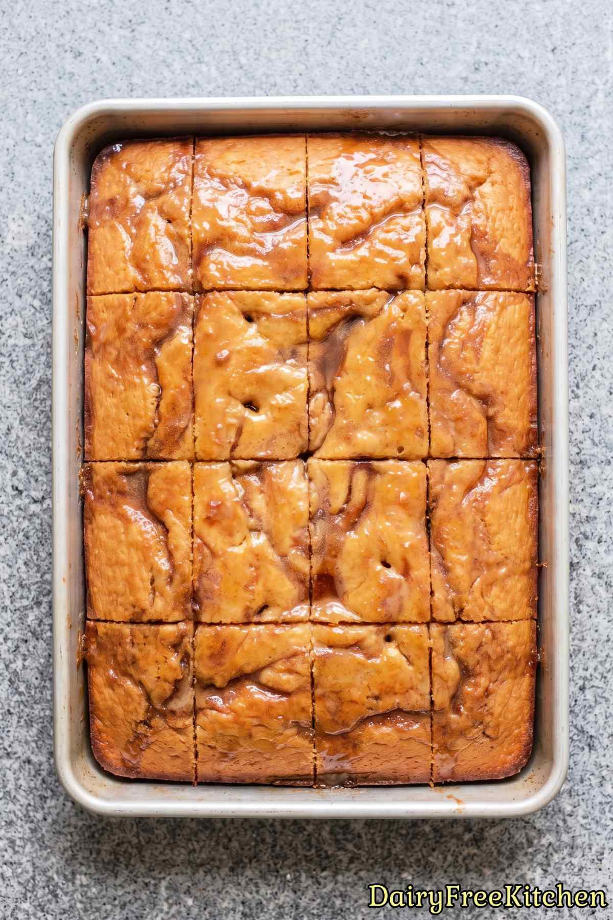 Freshly baked dairy free honey bun cake