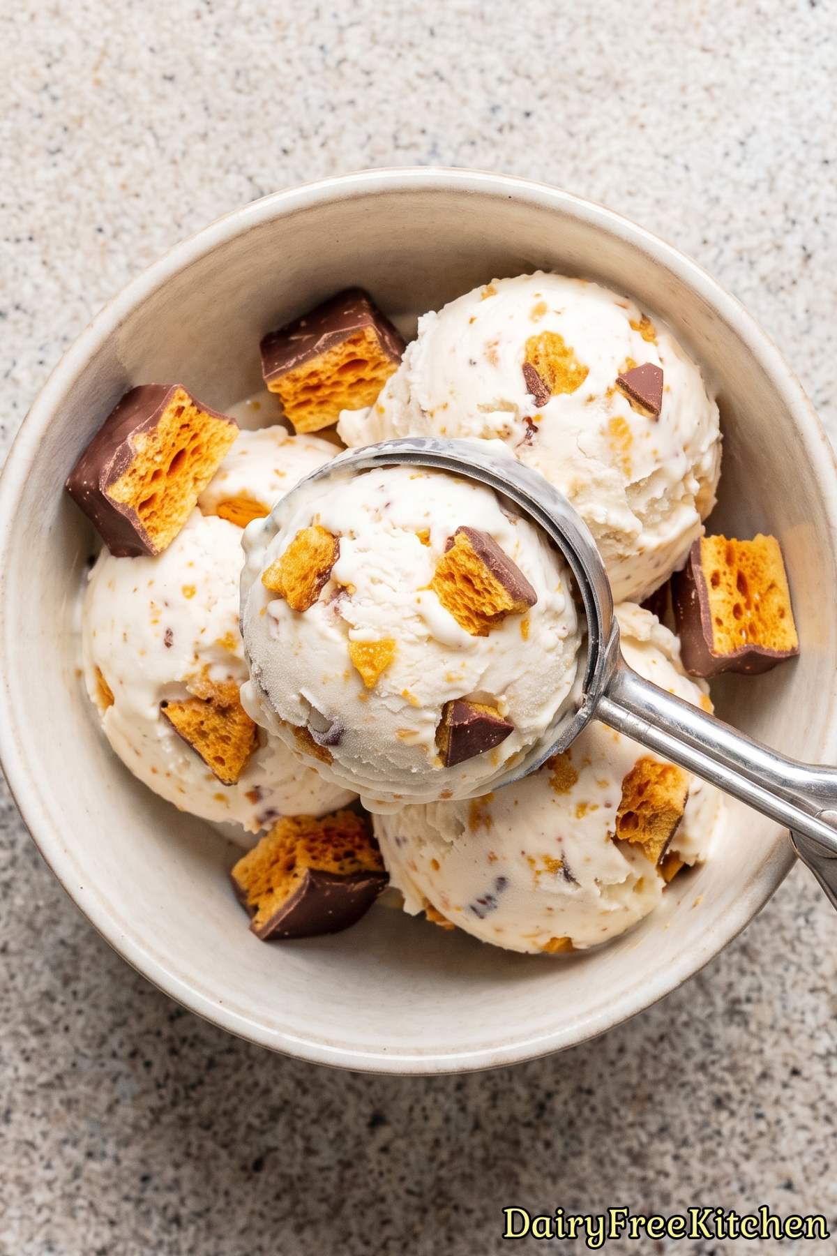 Vegan honeycomb crunch ice cream in a bowl