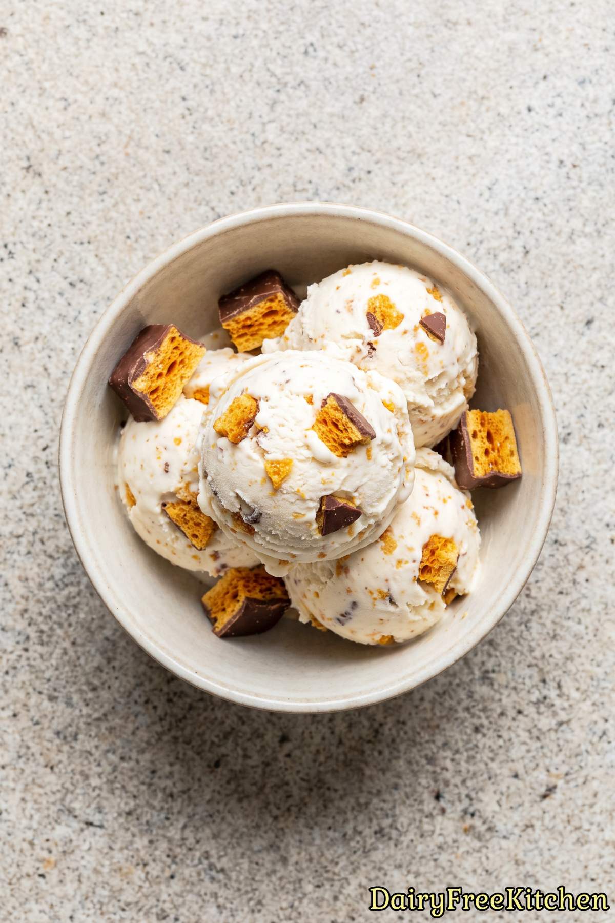 Dairy free honeycomb crunch ice cream scoop
