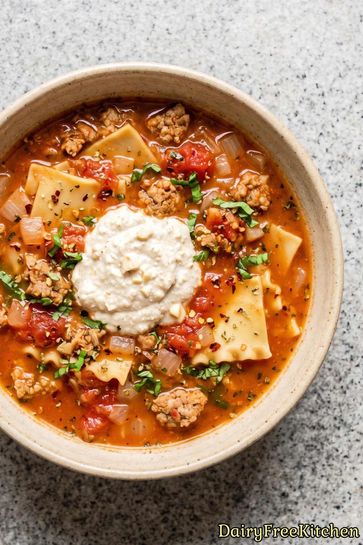 Close up of dairy-free lasagna soup
