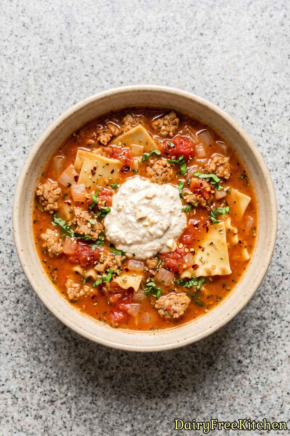 Hearty dairy-free lasagna soup in a bowl
