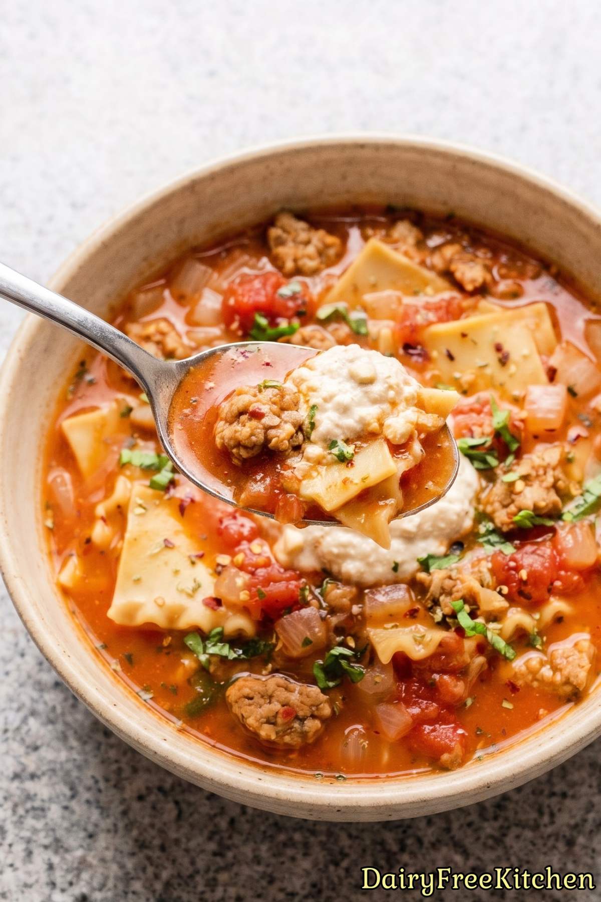 Savory dairy-free lasagna soup in a bowl