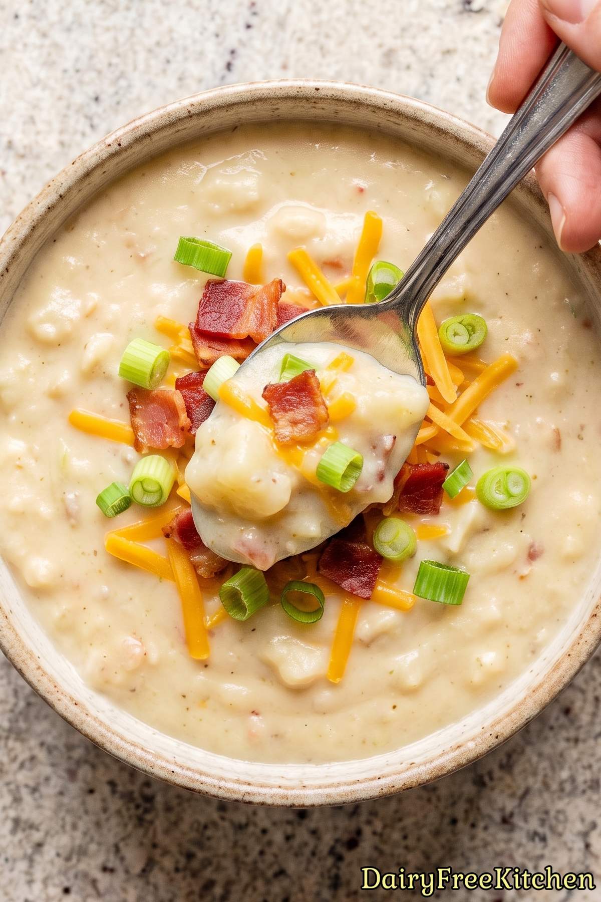 Hearty dairy free loaded potato soup bowl