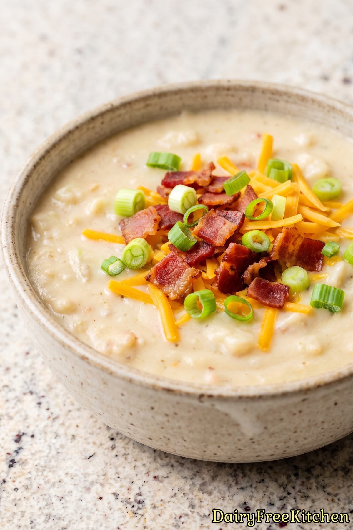 Bowl of warm dairy free baked potato soup