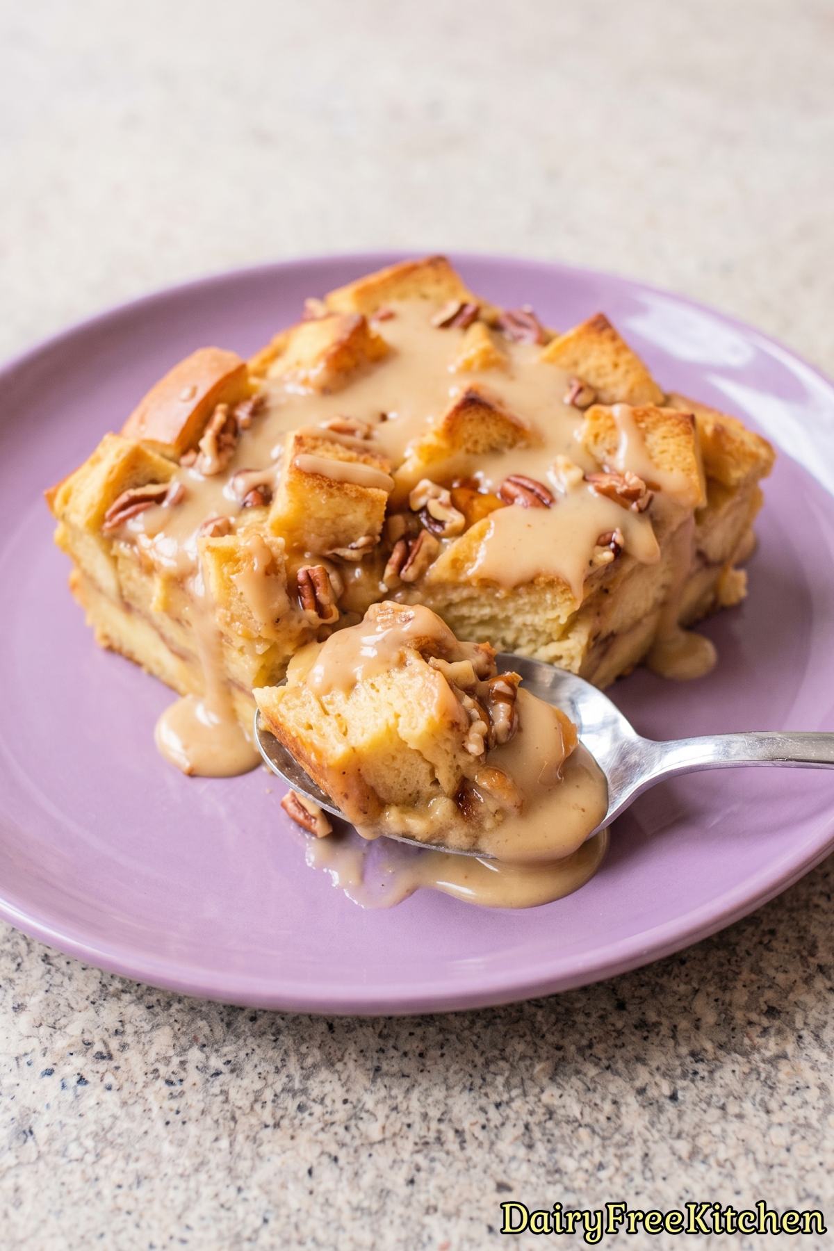 Slice of dairy free maple pecan bread pudding