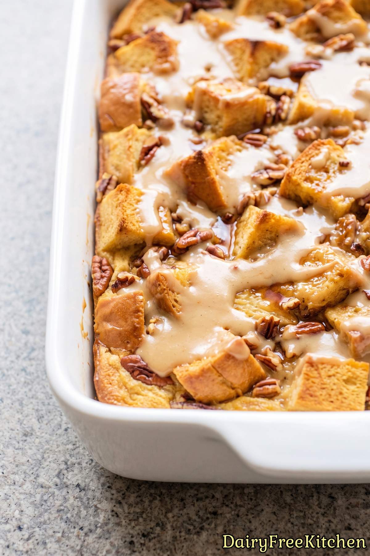 Sweet dairy free maple pecan bread pudding