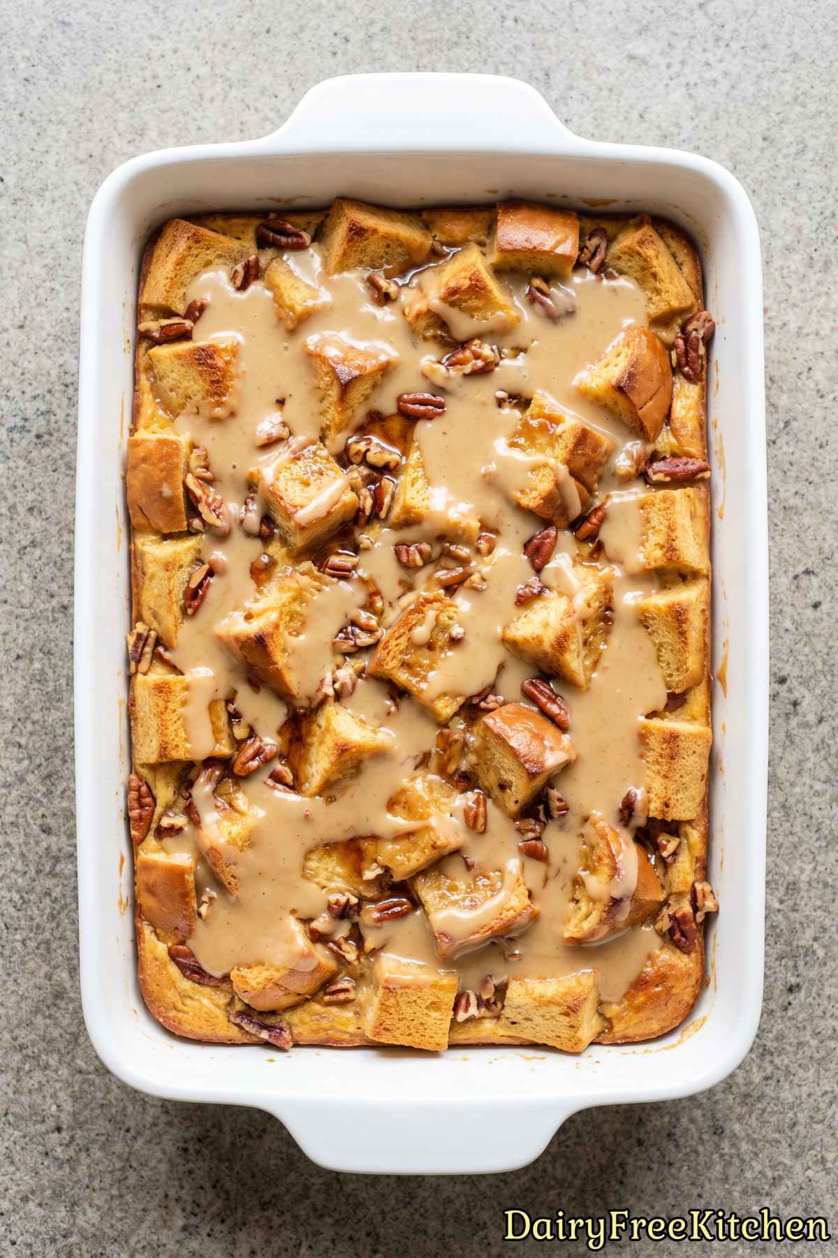 Warm dairy free maple pecan bread pudding
