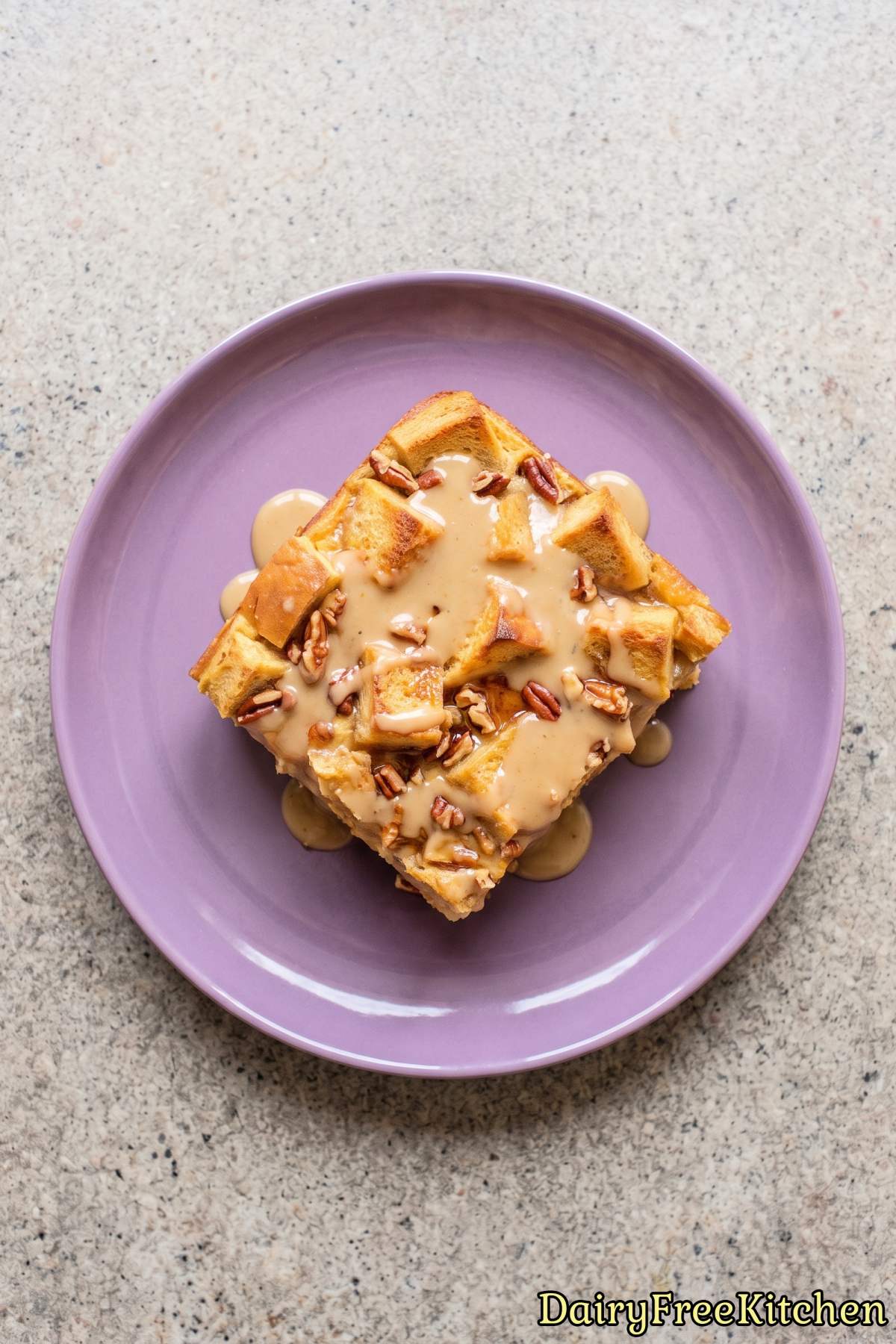Golden dairy free maple pecan bread pudding