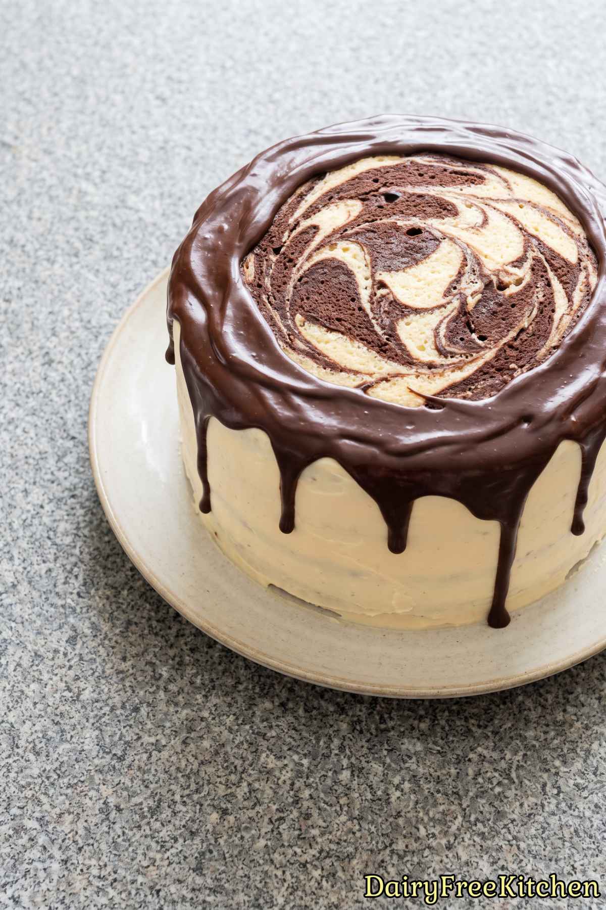 Fluffy dairy free marble cake with ganache