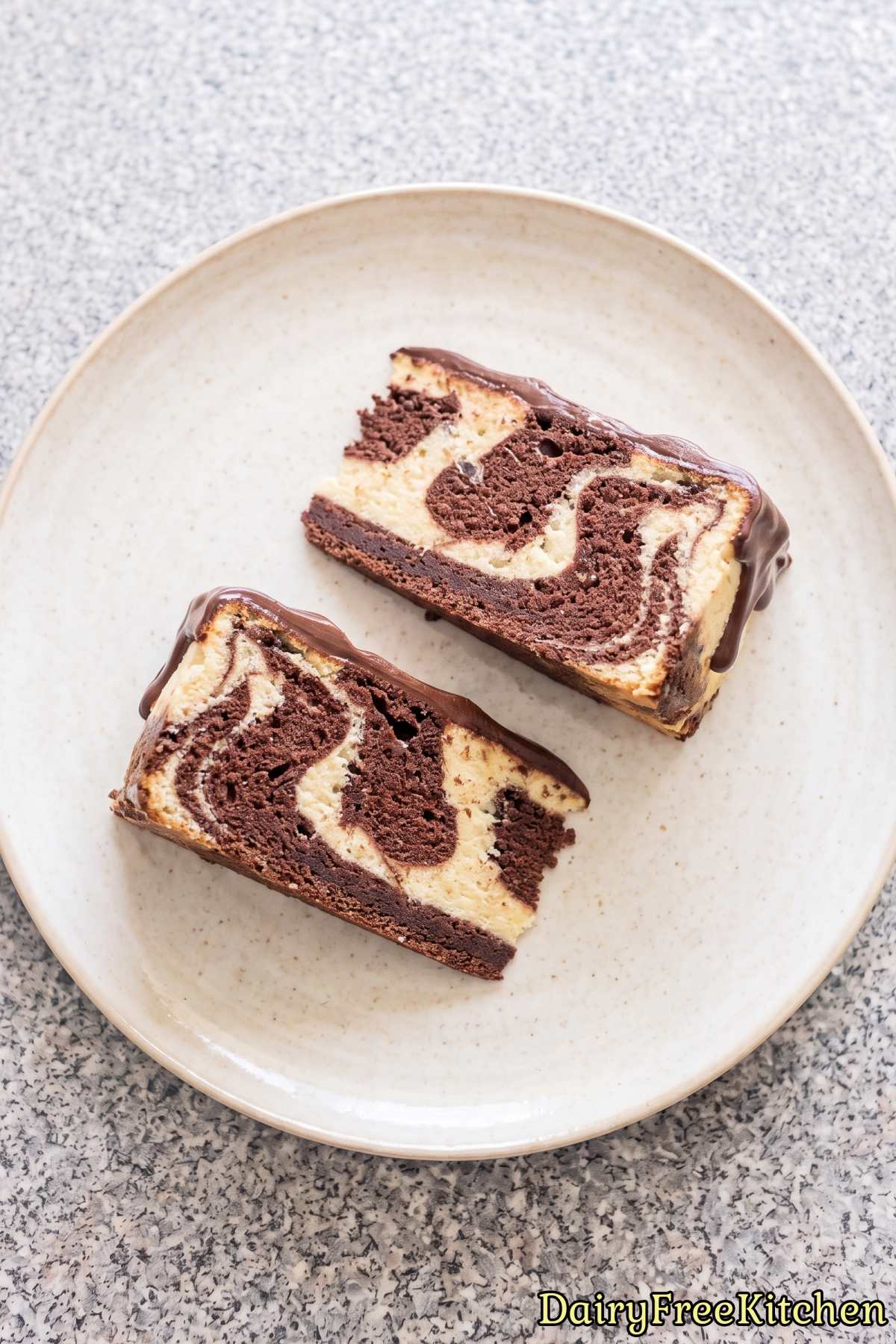 Fresh dairy free marble cake topped with ganache